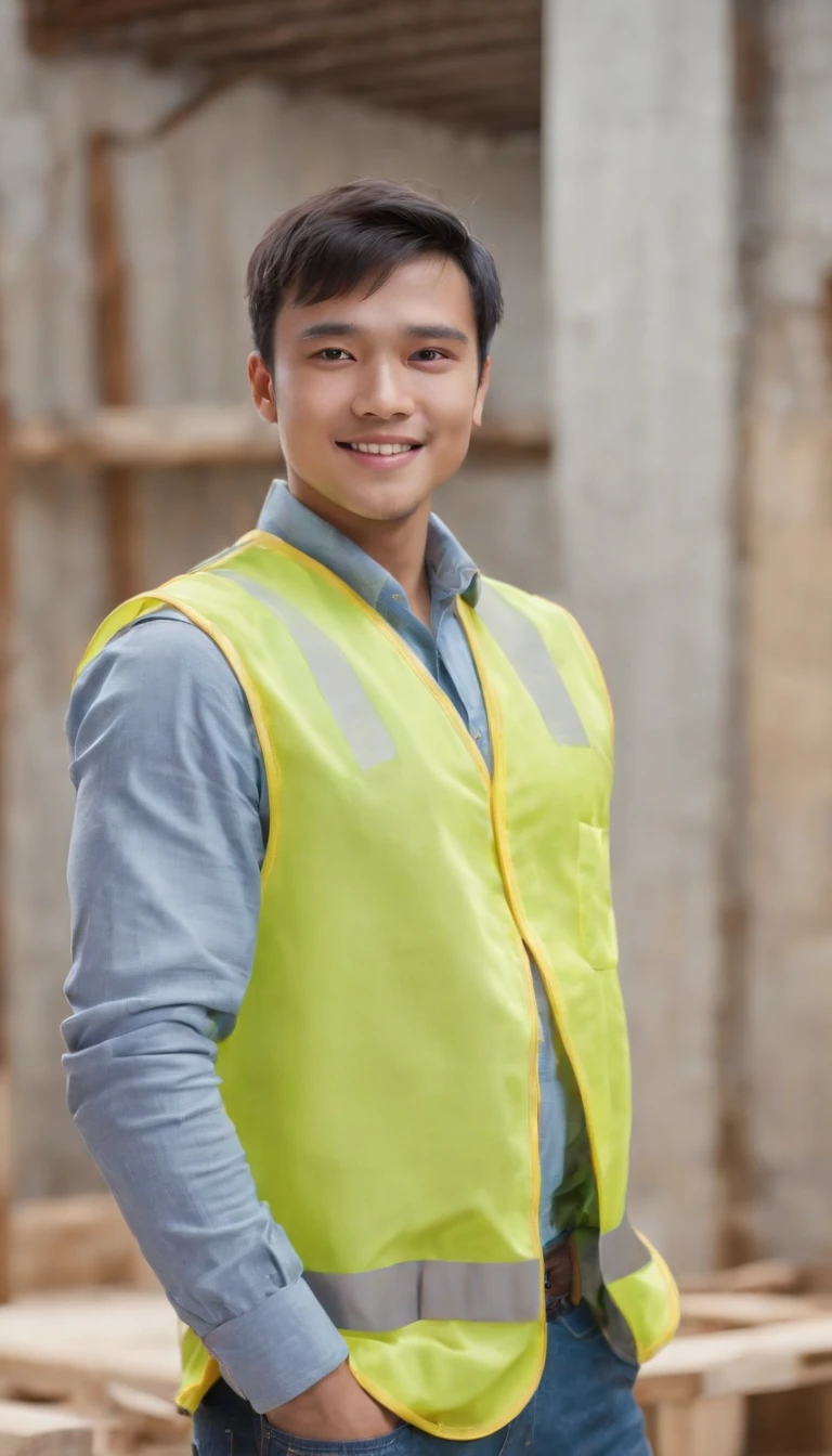 Photoshoot, home renovation site, face the camera, smile, 25 year old construction worker guy, very handsome guy, macho guy, Indonesian male model, blue shirt, blue jeans long pants, wearing construction worker's vest, wearing construction worker's helmet, yellow helmet, white healthy skin, detailed eyes, full body photo, hands on waist, realistic hands, realistic fingers.