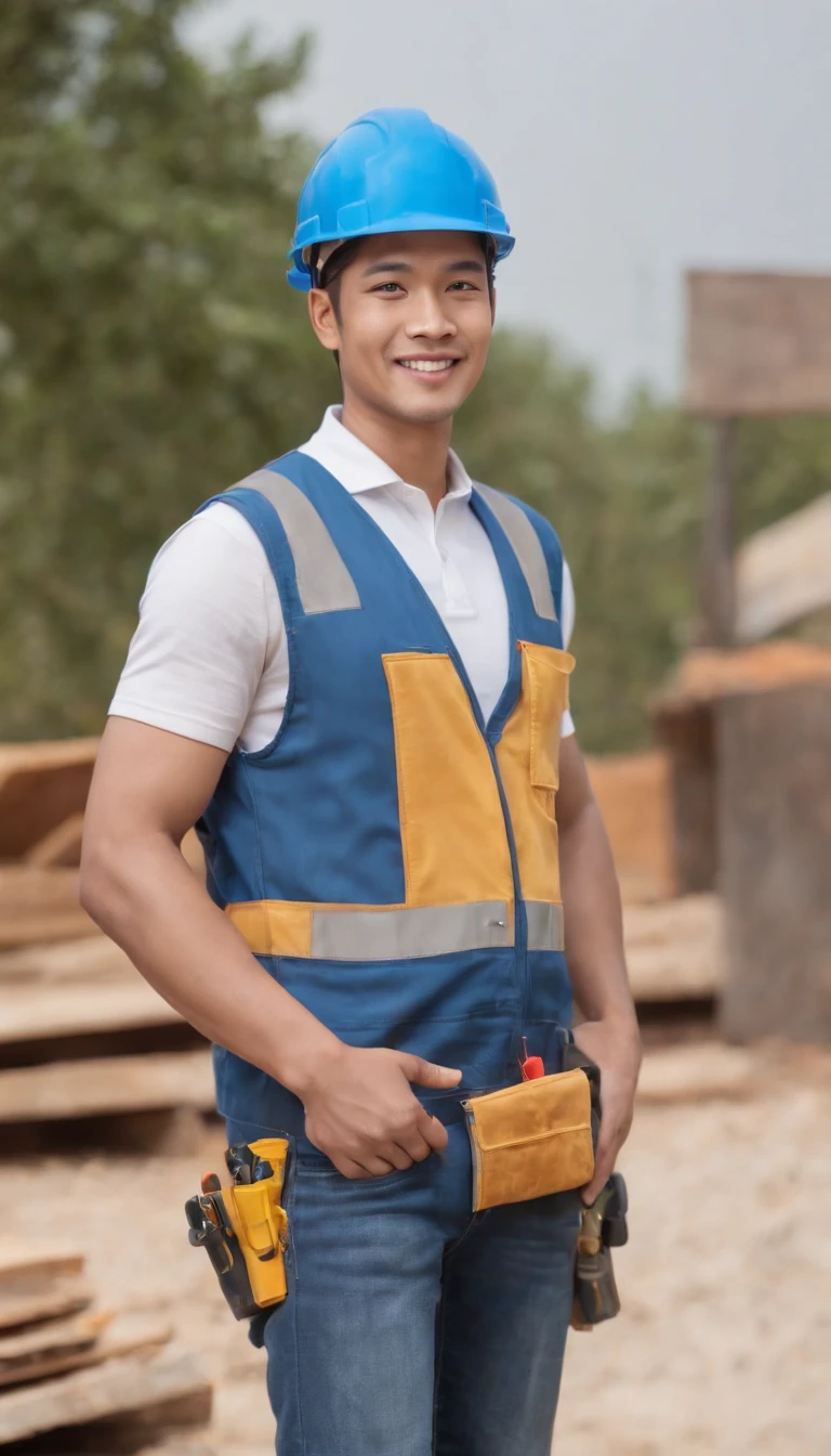 Photoshoot, home renovation site, face the camera, smile, 25 year old construction worker guy, very handsome guy, macho guy, Indonesian male model, blue shirt, blue jeans long pants, wearing construction worker's vest, wearing construction worker's helmet, yellow helmet, white healthy skin, detailed eyes, full body photo, hands on waist, realistic hands, realistic fingers.