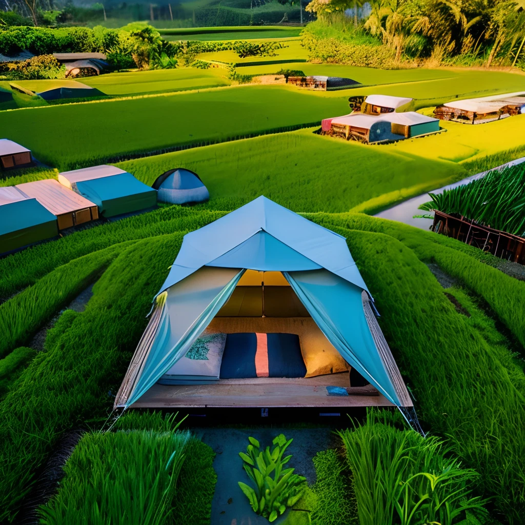 Bird eye view Glamping camping ground hosted in shipping containers in the lush paradise of Bali rice field with near water features and plants everywhere, extreme plus resolution fantasy concept art, intricate details to everything visible, sharp lighting, dramatic light by denis villeneuve, strong emphasis on alphonse mucha, makoto shinkai