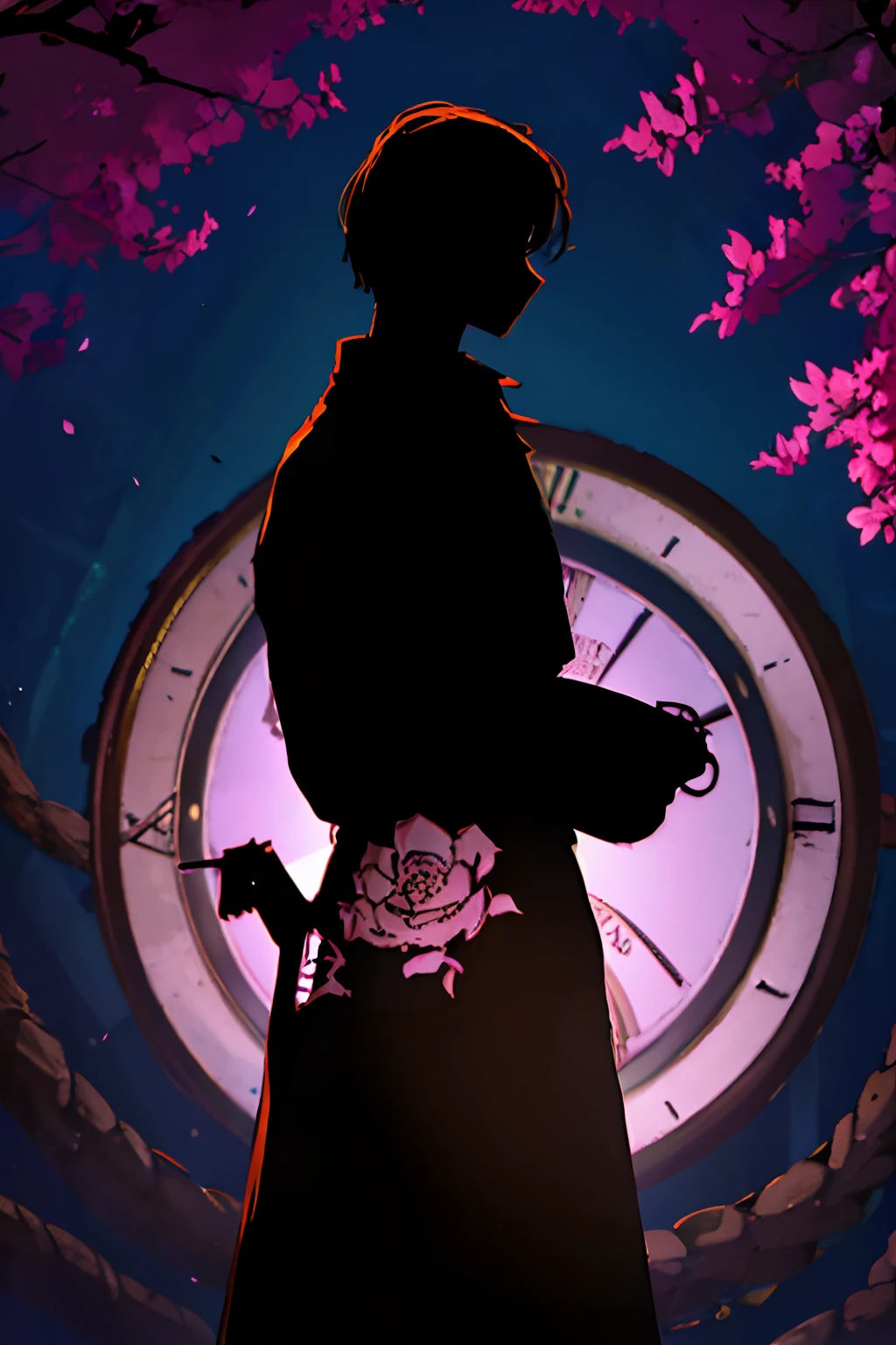 (best quality, high resolution, ultra-detailed, realistic: 1.37), silhouette of a man holding a striking pocket watch, surrounded by flowers, snakes and darkness, illustrative rendering, intricate details, mysterious atmosphere, vibrant colors, dynamic lighting , Gothic style