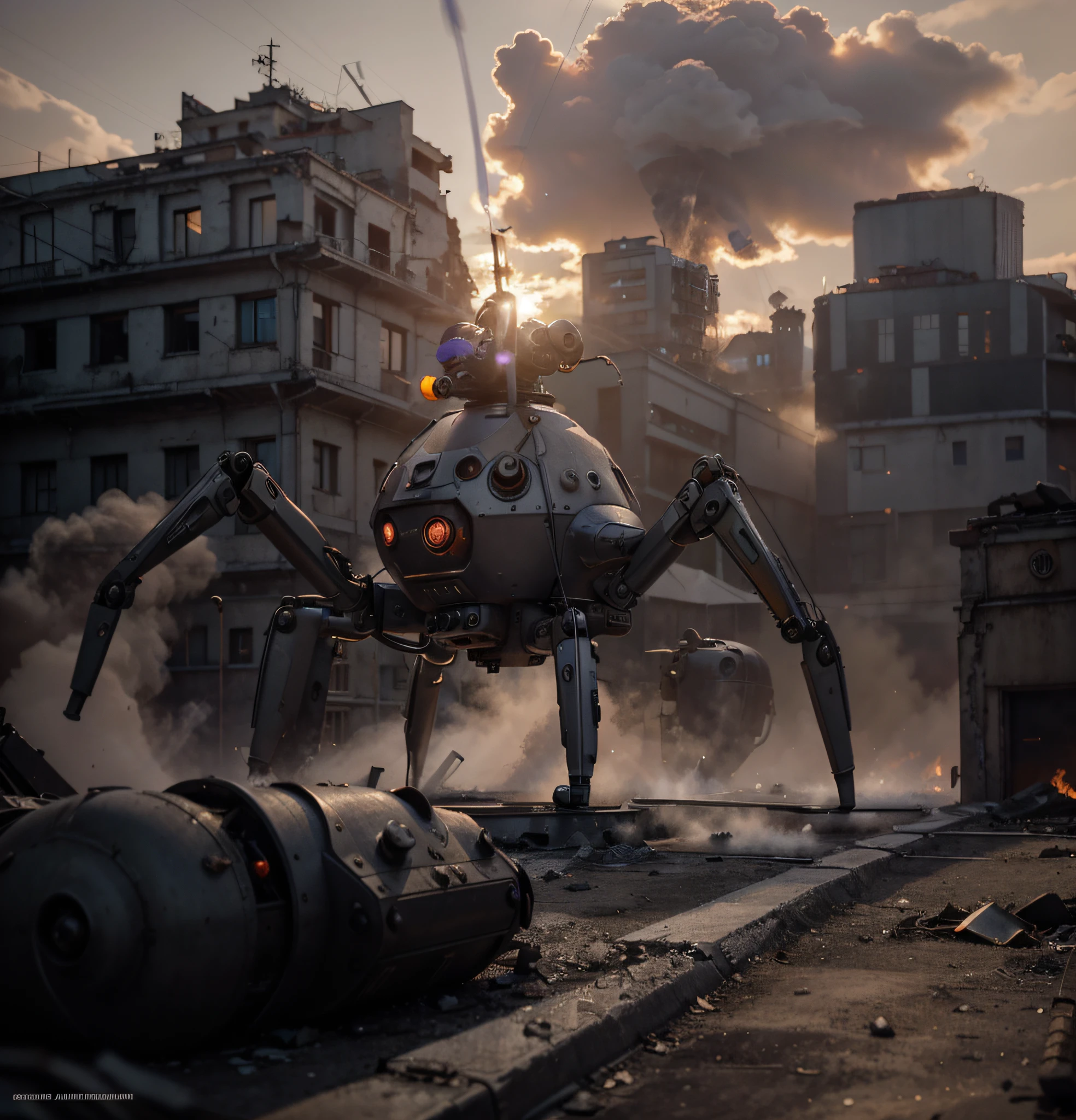 small retro-Soviet dieselpunk arachnoid drone robot gray color with purple details, mechanical arachnoid legs, has antennas, low light, sunset, Russian city totally destroyed, fire, smoke, ultra realistic, Ultra detailed, Hyper realistic, 4k, Ultra detailed image, realistic, Highly detailed, perfect composition, beautiful intricately detailed, incredibly detailed, 8K fine art photography, hyper detailed, Masterpiece