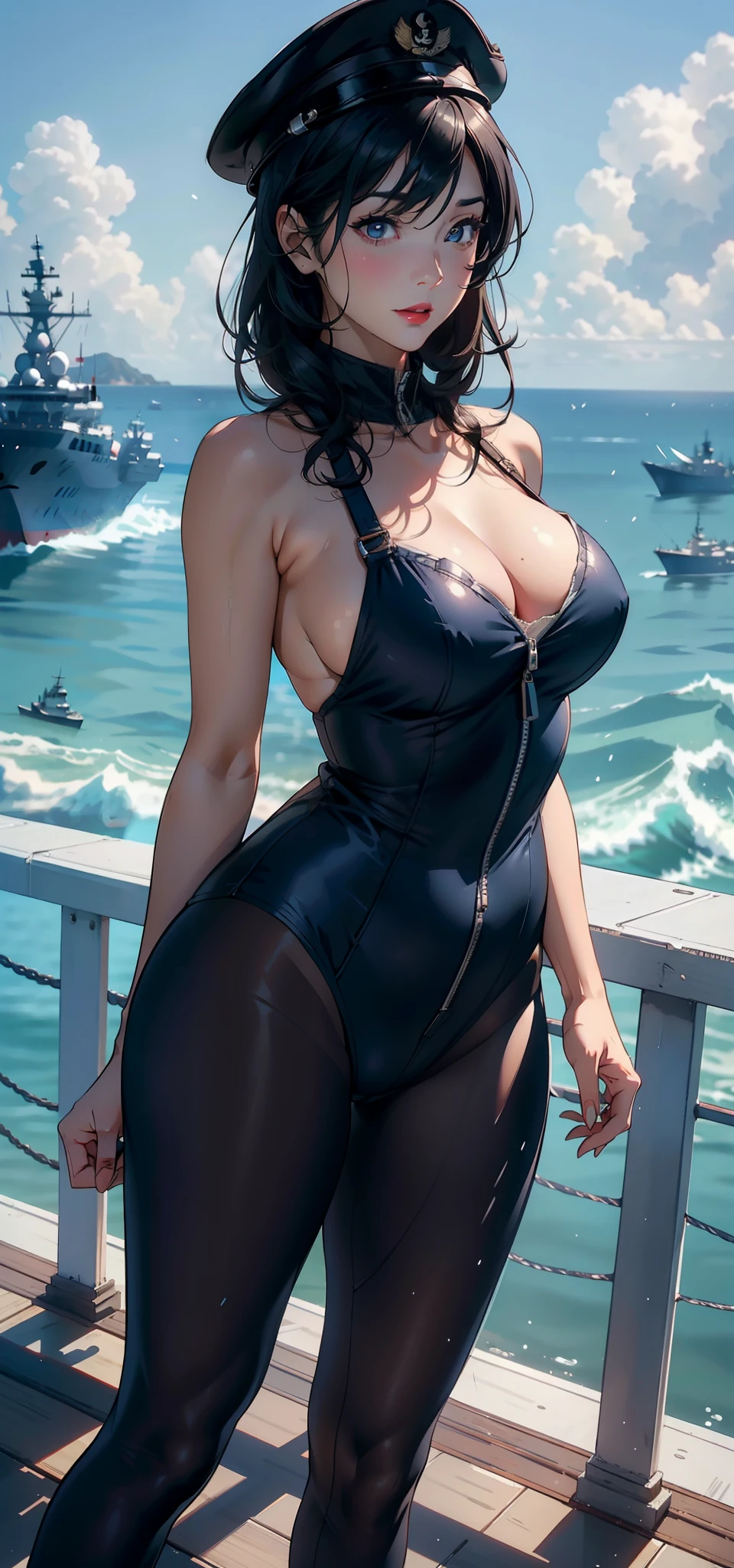 1female，45 yers old，Married Woman，熟妇，mature，plumw，extremely large bosom，Big breasts Thin waist，long leges， 独奏，（Background with：warships，choppy，the sea，Planes） She has short black hair，bobo head，，seen from the front， Standing on the deck of an aircraft carrier， mostly cloudy sky，（（（tmasterpiece），（Very detailed CG unity 8K wallpaper），best qualtiy，cinmatic lighting，detailed back ground，beatiful detailed eyes，Bright pupils，Black eyes，Snow-whiteskin，Redlip（Very fine and beautiful），（Beautiful and detailed eye description），ultra - detailed，tmasterpiece，））facing at camera，A high resolution，ultra - detailed），revealing breasts，Bare genitalia，  Bulge，legs are open，Raised sexy，Camel toes，Flushed complexion，Desire for dissatisfaction，frontage，Chinese Navy（Wearing：military hat，Bomber Jacket，Blue skinny transparent jumpsuit，Pantyhose）