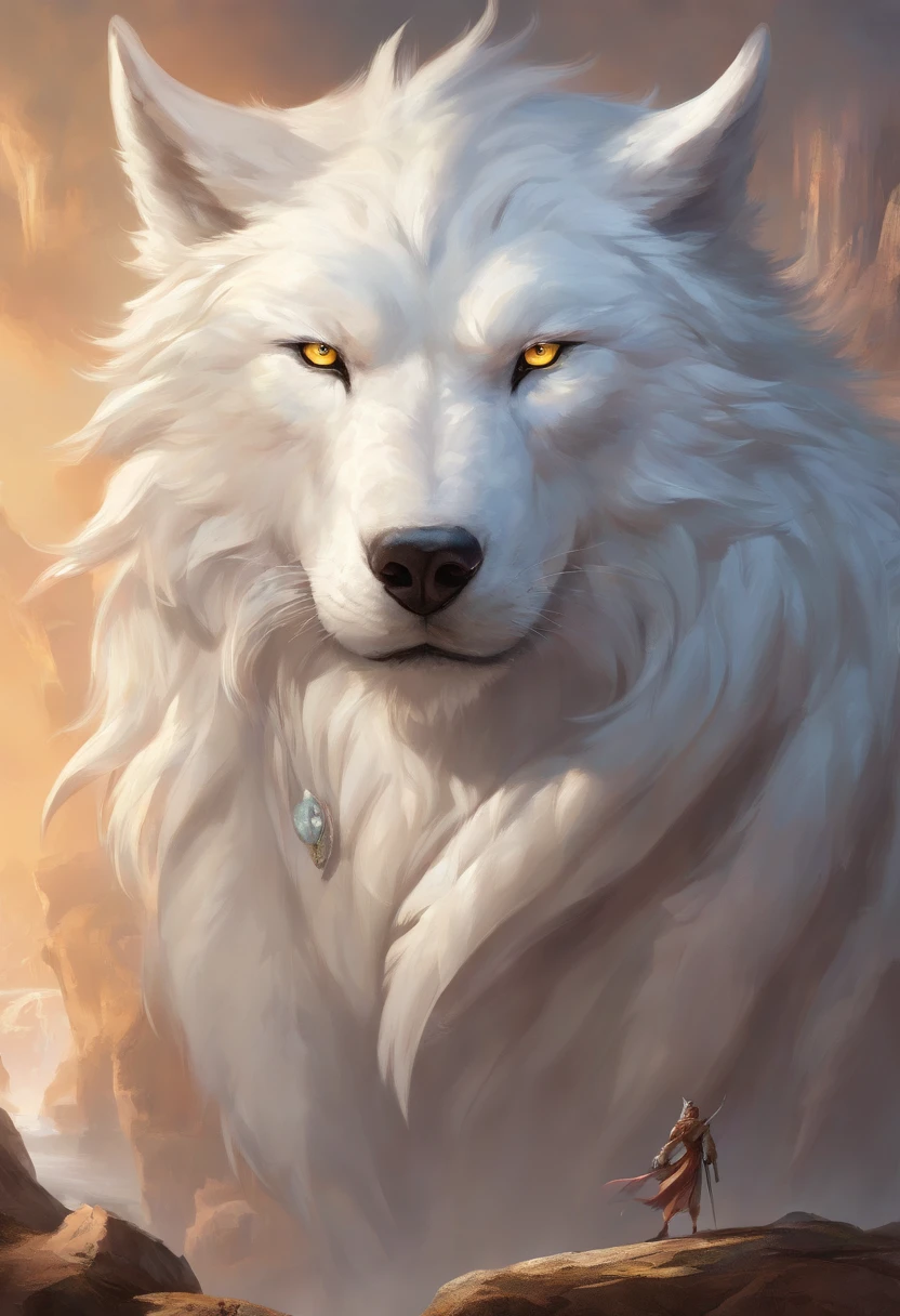 There is a big white wolf with a huge head and a huge body, epic fantasy card game art, arte de fantasia altamente detalhada, arte de fantasia digital 2d detalhada, epic fantasy art, arte de fantasia detalhada, Epic Fantasty Card Game Art, Masmorras&Arte de fantasia de lobo branco, Hiper-realista D & d fantasy art, symmetrical spectacular fantasy art, retrato do lobo branco  ciborgue