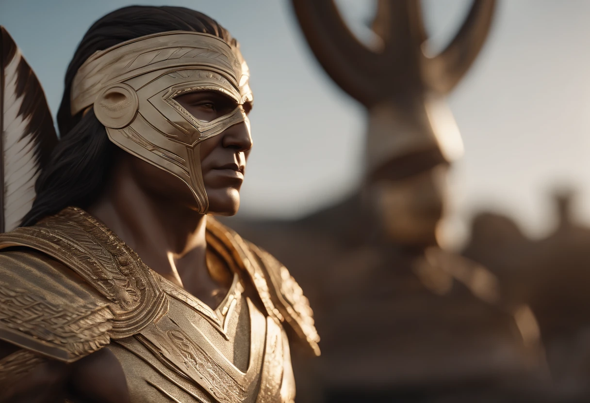 A closeup of a statue of an American Indian in a gold and white costume, render super detalhado, 3 d render character art 8 k, intrincada armadura branca e dourada, full samurai armor spiderman, Iconic character of high detail, 8k render", octane render ", octane render", super detalhado octane render, super render em octanagem render, hiper detalhado 3 d render, Estilo futurista Homem-Aranha