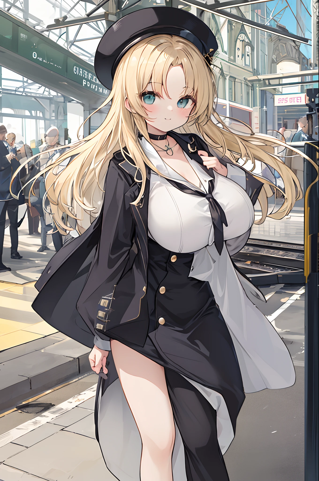 Chains，耳Nipple Ring，choker necklace，forehead，middle parted hairstyle，femele，Train station，Steam trains，a beauty girl，Long light blonde hair，green pupills，Business suit，white business suit，in suit，White color blouse，wind coat，cowboy hat，Flower arrangement on hat，The streets of London，Black leather shoes，tiese，wind coat，ssmile，(huge tit)