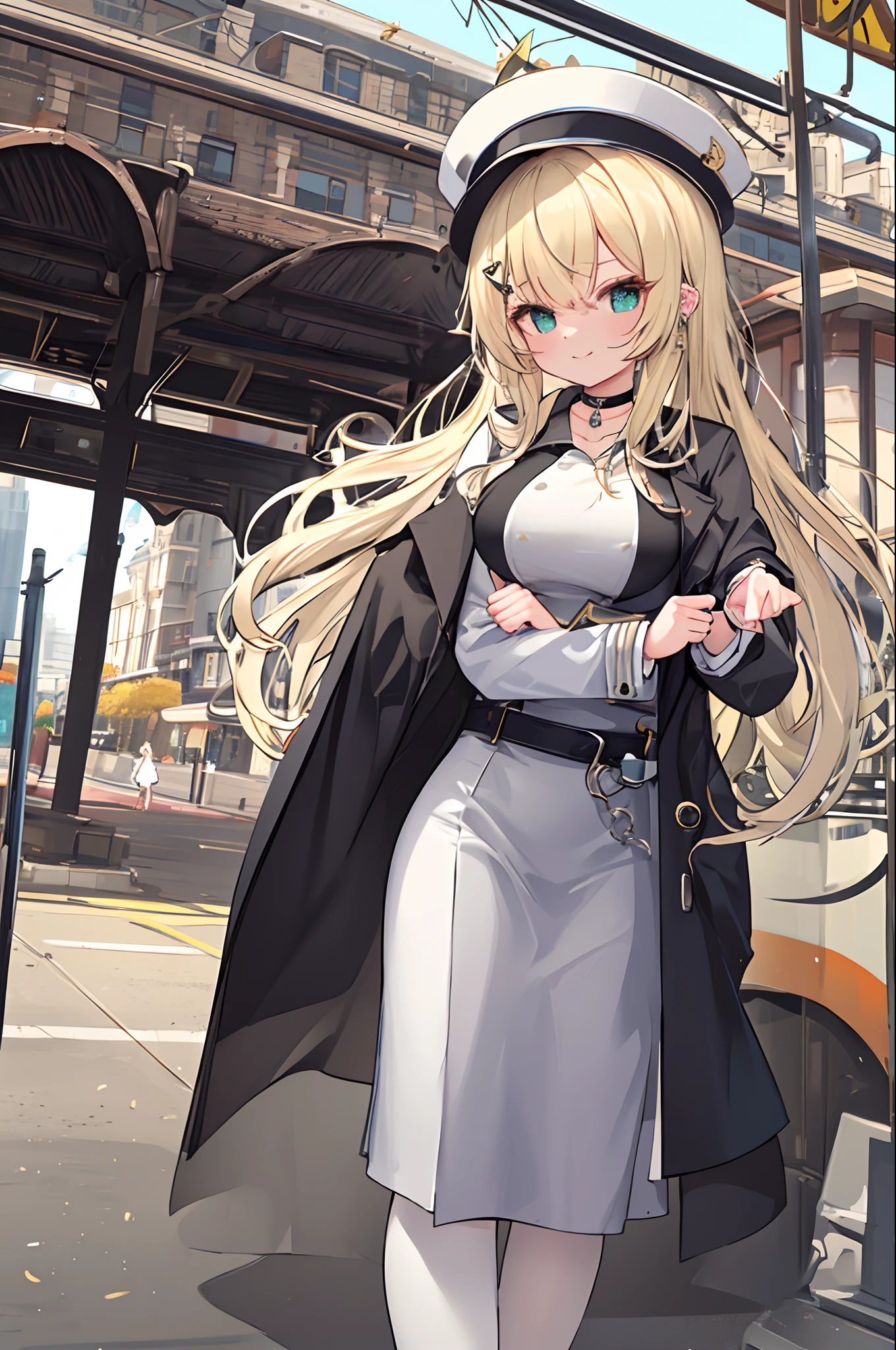 Chains，耳Nipple Ring，choker necklace，forehead，middle parted hairstyle，femele，Train station，Steam trains，a beauty girl，Long light blonde hair，green pupills，Business suit，white business suit，in suit，White color blouse，wind coat，cowboy hat，Flower arrangement on hat，The streets of London，Black leather shoes，tiese，wind coat，ssmile，(huge tit)