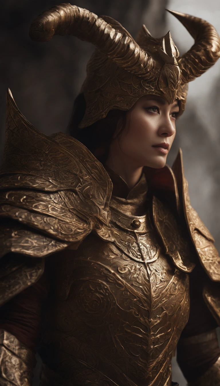 warrior, concept-art, author:Kishiganku, Fantasy art, Zen temple background, clean render, a horned, Wear a set of armor, Detailed bushido form smoke, not wearing helmet, she is a beautiful girl, red hair, character is standing, 8k Realistic, in game render, detailed face background detail, Art station front page, taur, Pseudo-medieval fantasy, A deity wearing koi armor, detailed bronze armor, Bronze armor, golden etched armor, gold obsidian armor, Light gold armor, Gorgeous filigree armor, A demonic warrior, Gorgeous armor full of thorns, Intricate assasin armor, Intricate metal armor, powerful warrior, Dressed in gorgeous golden armor,Decorated with intricate patterns, Everything is in the dark, The smoky background alludes to battle scenes, Add an ominous aura to his character,Huge demon wings of demons,submission, Full body shot.