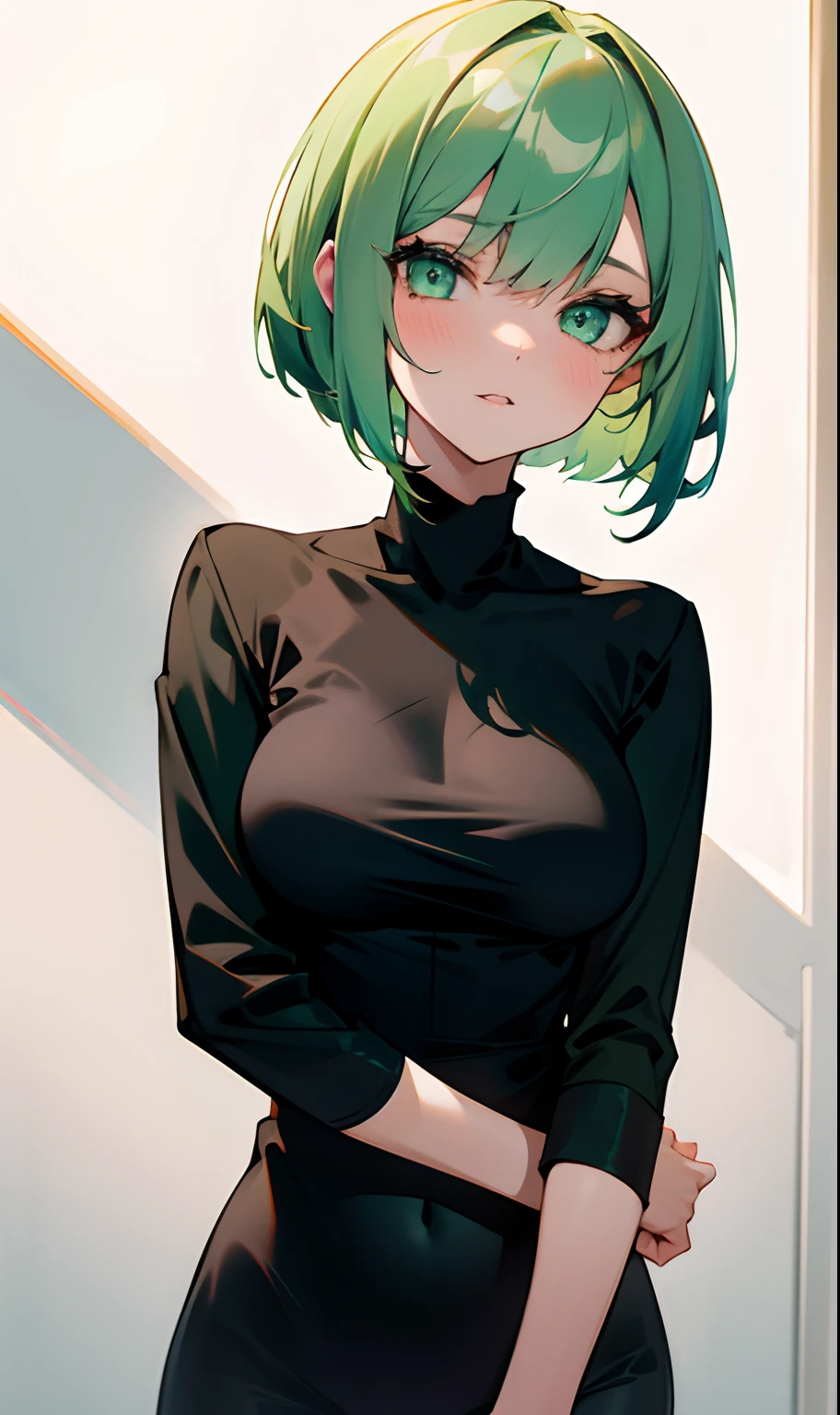 Girl with short green hair, medium breasts wearing a black casual outfit and green eyes