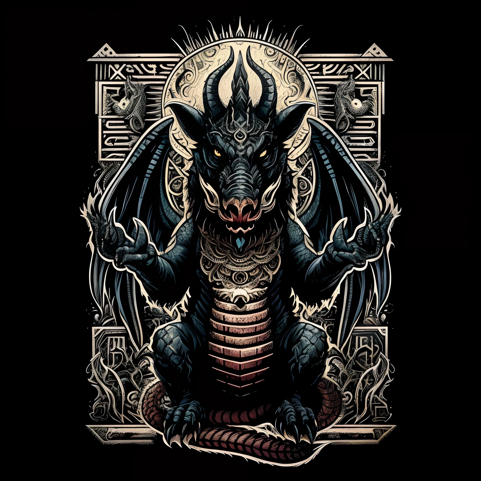 a close up of a dragon with a large head and a large body, a majestic gothic indian dragon, dragon pope, a majestic gothic dragon, black dragon, a baddass dragon, dark but detailed digital art, draconic design, god of dragons, fat ripped satanic creature, in the art style of dan mumford, dragon centered, dungeon and dragon illustration