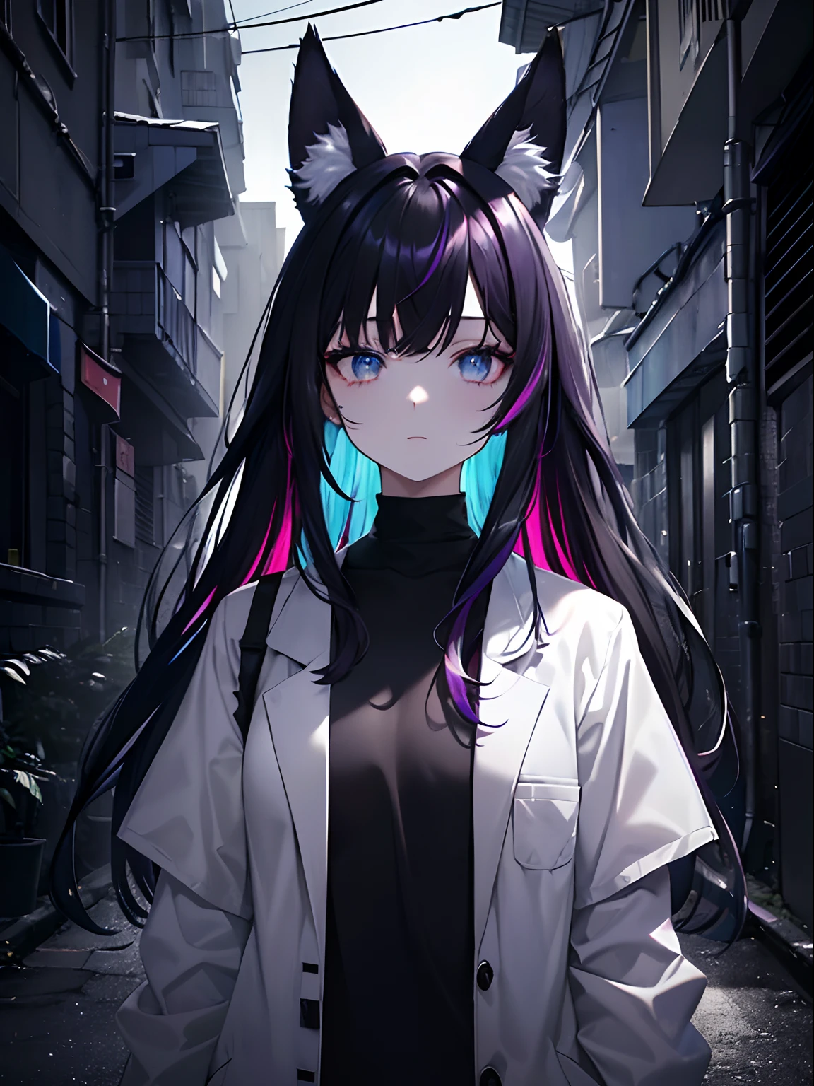 (masterpiece,best quality,ultra-detailed),1girl,(multicolored hair,black hair,dark purple hair,dark blue hair),messy hair, white shirt, white jacket,(fox ears),beautiful eyes,(colored skin, grey-blue skin),in a alleyway, night,(grey theme),(pastel colors theme)