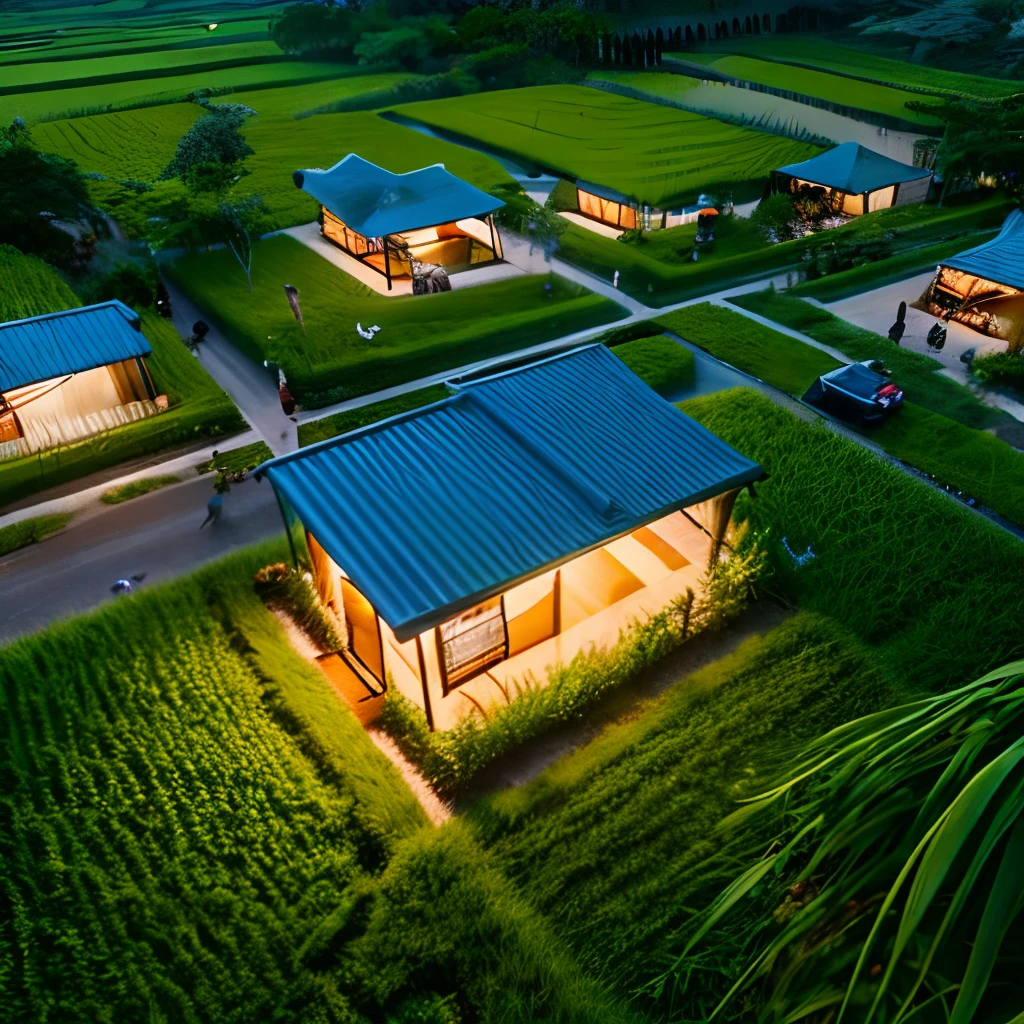 Bird eye view Glamping camping ground hosted in shipping containers in the lush paradise of Bali rice field with near water features and plants everywhere, extreme plus resolution fantasy concept art, intricate details to everything visible, sharp lighting, dramatic light by denis villeneuve, strong emphasis on alphonse mucha, makoto shinkai