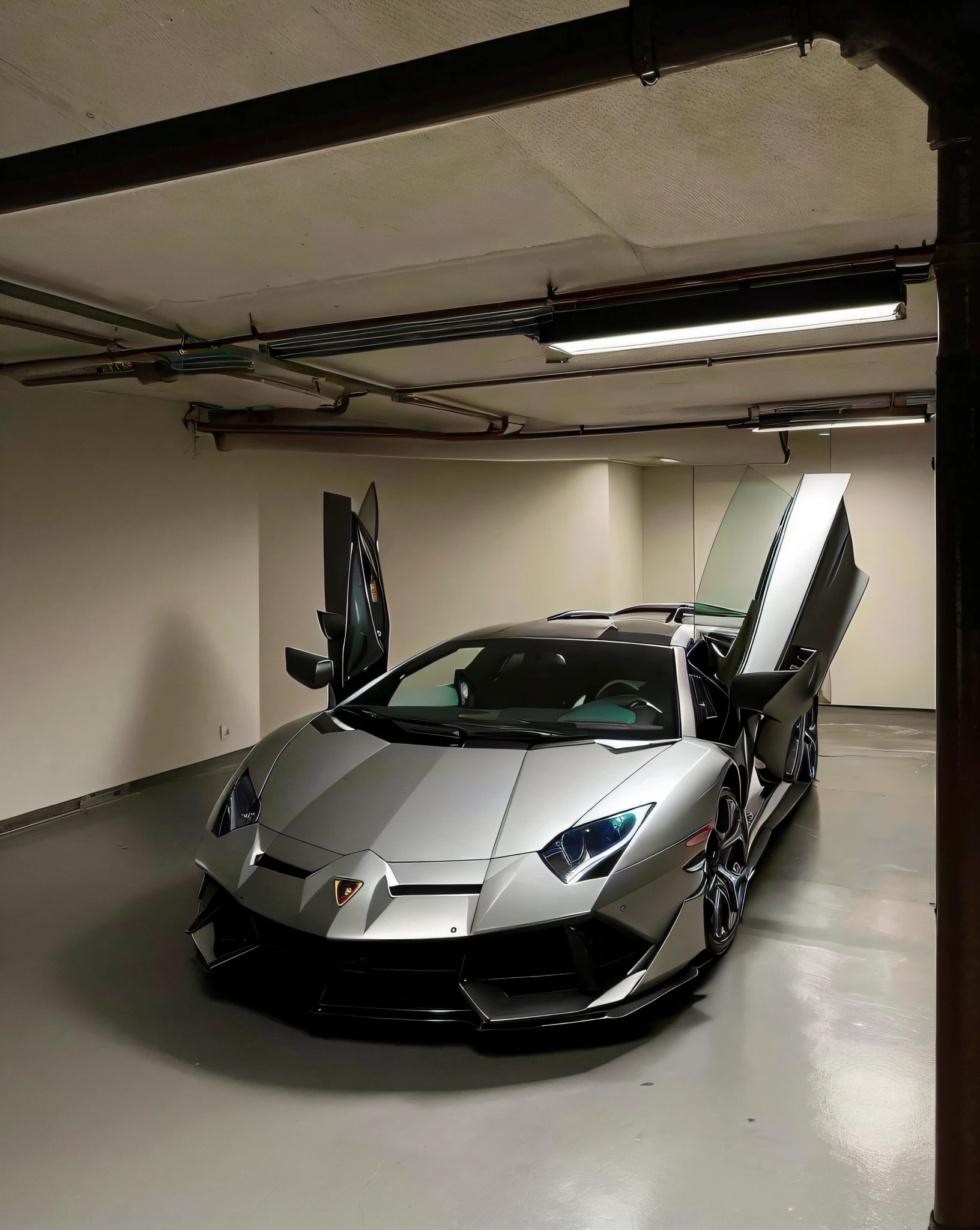 The Lamborghini sports car is parked in an open-door garage, sports car in the room, In the underground car park, Lamborghini, lamborghini aventador photoshoot, full view of a car, bold lamborghini style, inside of a tokyo garage, indoor shooting, taken with a Sony A7R camera, 8k in the style,LuxuryLifestyle, Full car, car garage