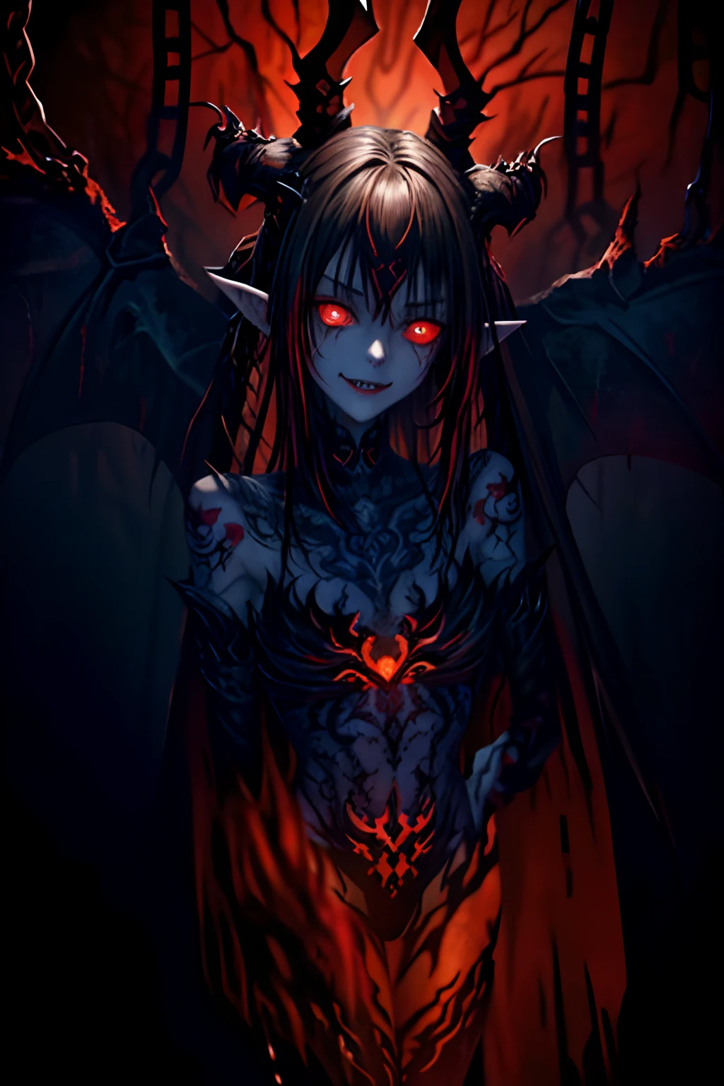 (Aschenhardt Style:1.4), Masterpiece, Best Quality, High Quality,(Dark shapeless creature with dark red glow and red eyes and surrounded by darkness:1.2), (in profile), (Darkness:1.2), Abstraction, Deep Sea, Award-winning photography, Depth of field, HDR, Very detailed, Trending in art stations, Trending in CGsociety, Complex, High detail,(Masterpiece:1.2, Best Quality), (Best Lighting, Very Delicate and Beautiful), (Best Lighting, Very Delicate and Beautiful), (Beautiful Detailed Face), (Detailed Eyes and Detailed Face:1.2), Dark Fantasy, (Young Girl, Little Beast, 1girl, Solo, Crazy Smile, Pale Skin,19 Piercings,((tattoos all over body,Tribal tattoos all over legs)) gray hair, glowing red eyes, dynamic angle, vampire), (get chains, magic circles, graffiti on the wall, in the background)),get demons to be summoned), magic thunder, pointy_ears, fangs,demon wings,demon horns,blood on face,blood rain,blood mist,(depth of field),high contrast,(blood splash:1.4),cowboy shot,full body, black lace up thigh boots,shout, Sacrifice, Magnificent Stage