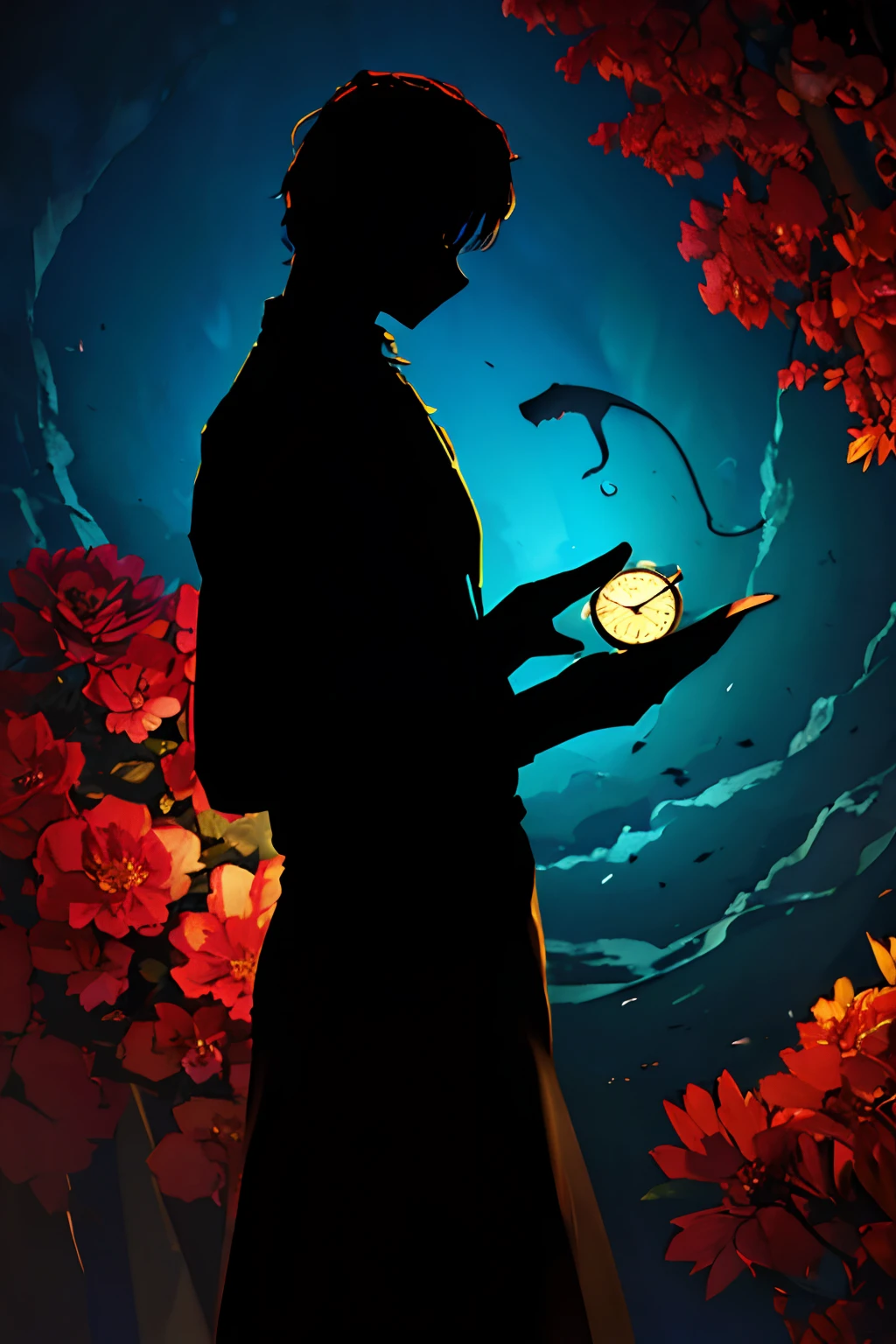 (best quality, high resolution, ultra-detailed, realistic: 1.37), silhouette of a man holding a striking pocket watch, surrounded by flowers, snakes and darkness, illustrative rendering, intricate details, mysterious atmosphere, vibrant colors, dynamic lighting , Gothic style