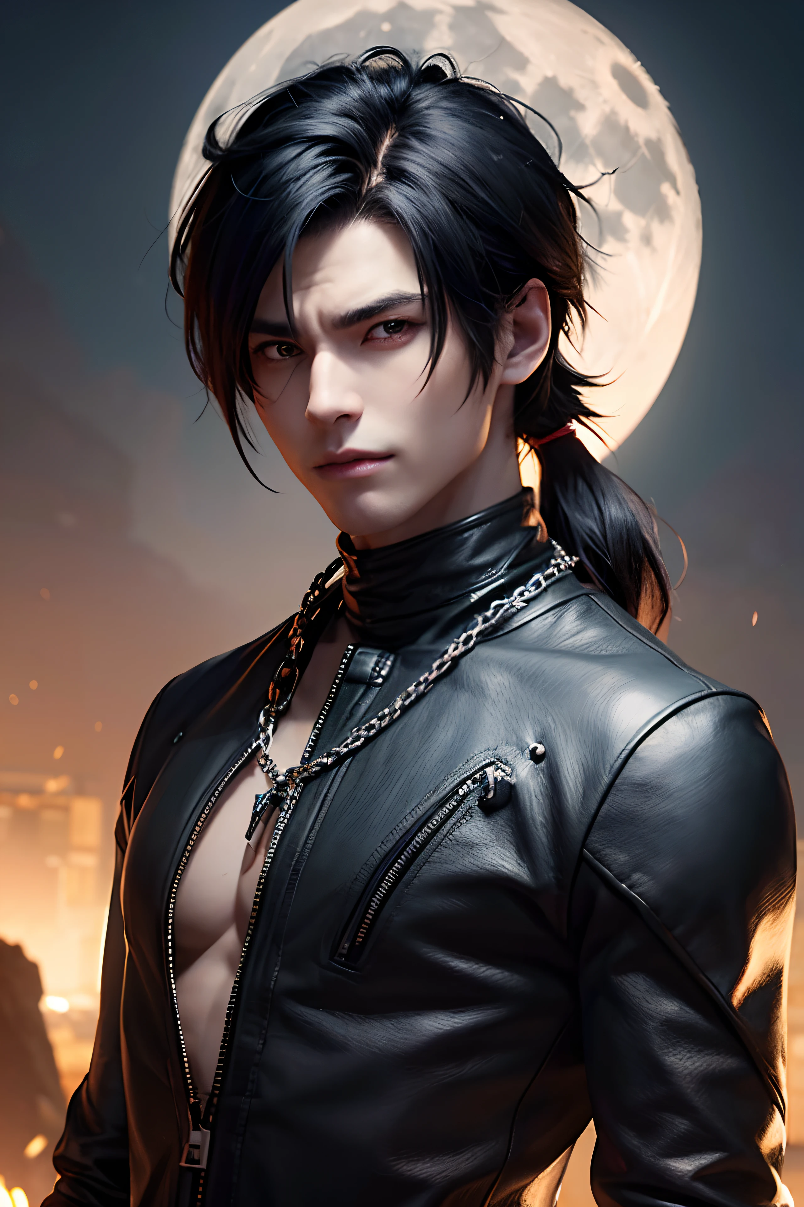 A handsome werewolf young guy with good physic, red werewolf eyes, one long scar on his eye , evil smile, two long sharp teeth, punk hair, moon background with dark theme