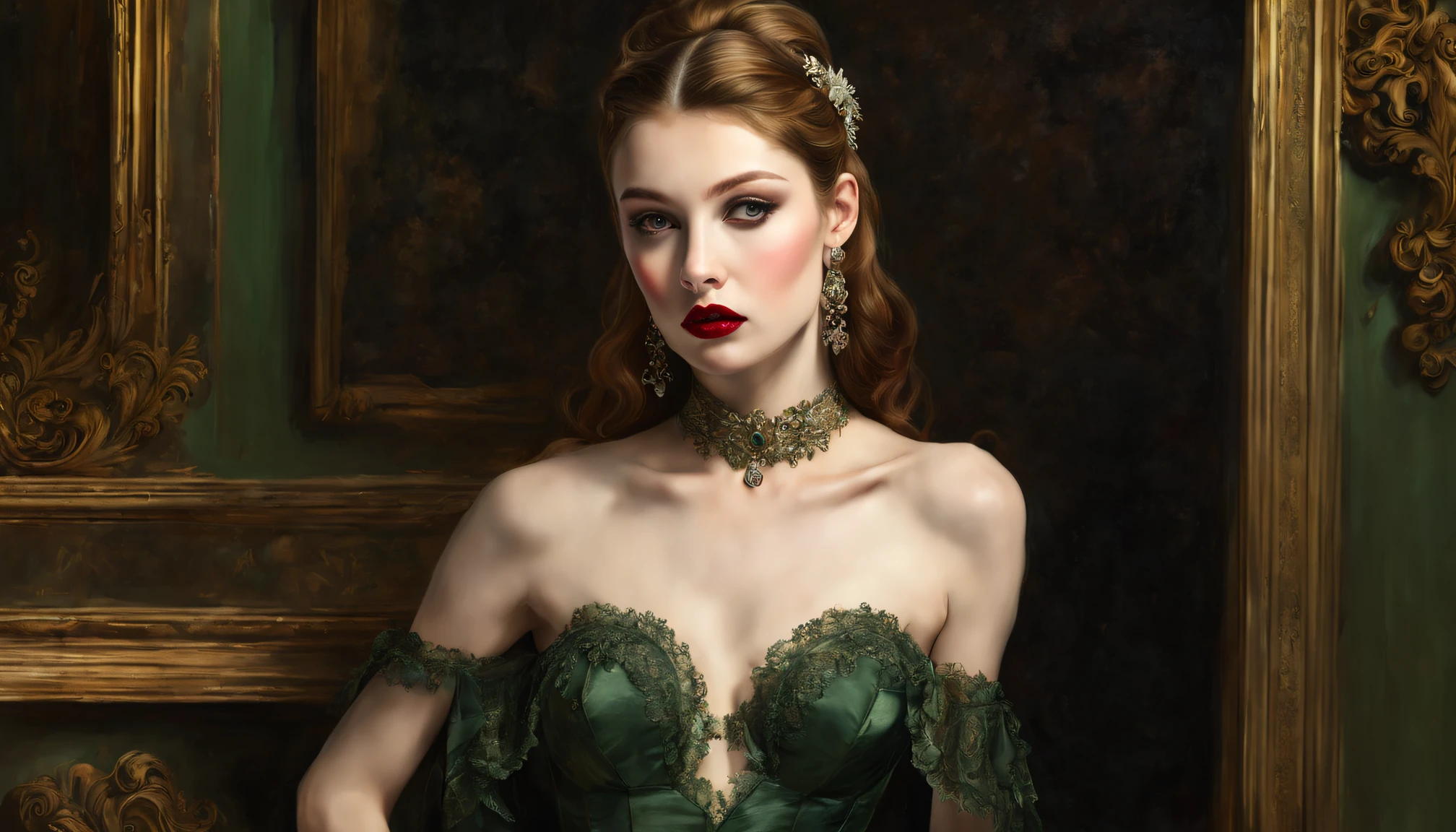 a photo of a beautiful seductive vampire evelynnobodysd15 at night, (on all fours:1.2), narrow hips, thin legs, (thin thighs, petite, slim, slender, skinny:1.3), beautiful eyes, mascara, eye shadow, (realistic textured skin, skin pores:1.3), flawless face, (pale skin, pallid skin:1.2), (blood red lips:1.1), wicked smile, dark, alluring, sexy, stunning, gorgeous, (wearing intricate elaborate hunter green lacy gown:1.3) and (wearing intricate elaborate lingerie:0.8), lace, embroidery, ruffles, silk, satin, lace stockings, garters, garter straps, jewelry, lace choker, necklace, earrings, (empty hands:1.3), (at a strange dinner party:1.1), highly detailed background, volumetric lighting, subsurface scattering, (analog style), (full torso), (photorealistic:1.6), (raw, 8k:1.2), (best quality, highest quality, masterpiece:1.3), (fantasy art), (style oil painting:1.5), DarkFantasy, ,DonMn1ghtm4reXL,HZ