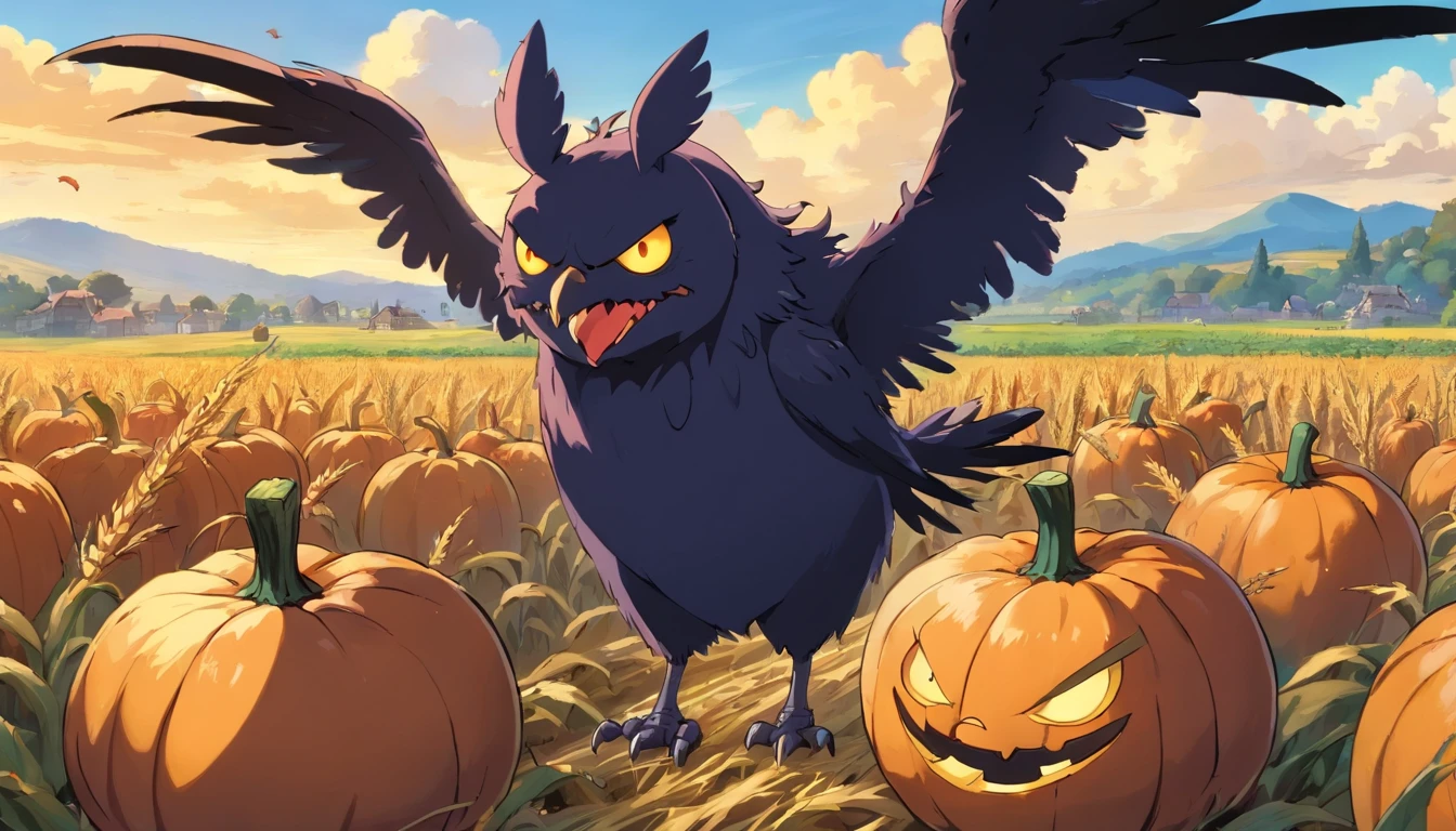 A monster with a pumpkin head, corpo de gravetos, roupas de pano e retalhos, In the middle of a cornfield with several crows