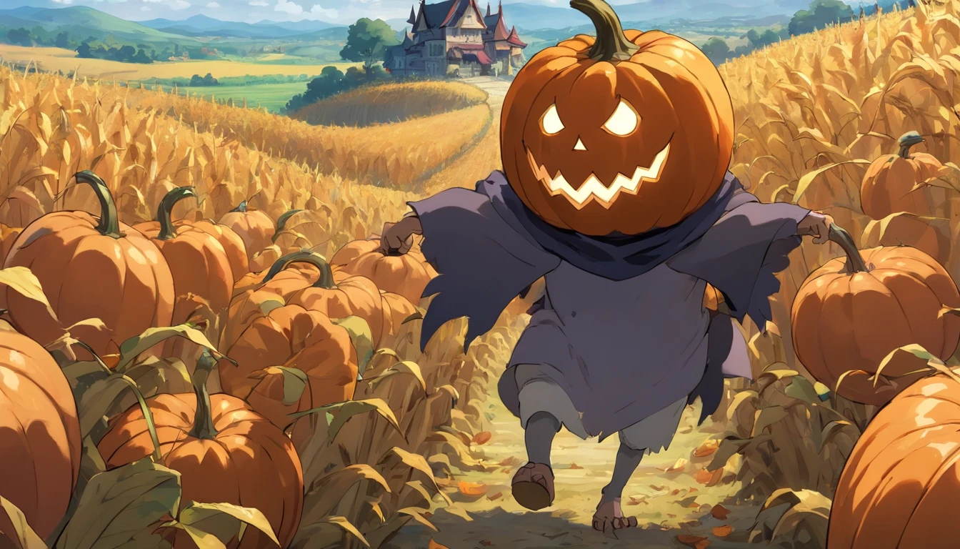 A monster with a pumpkin head, corpo de gravetos, roupas de pano e retalhos, In the middle of a cornfield with several crows