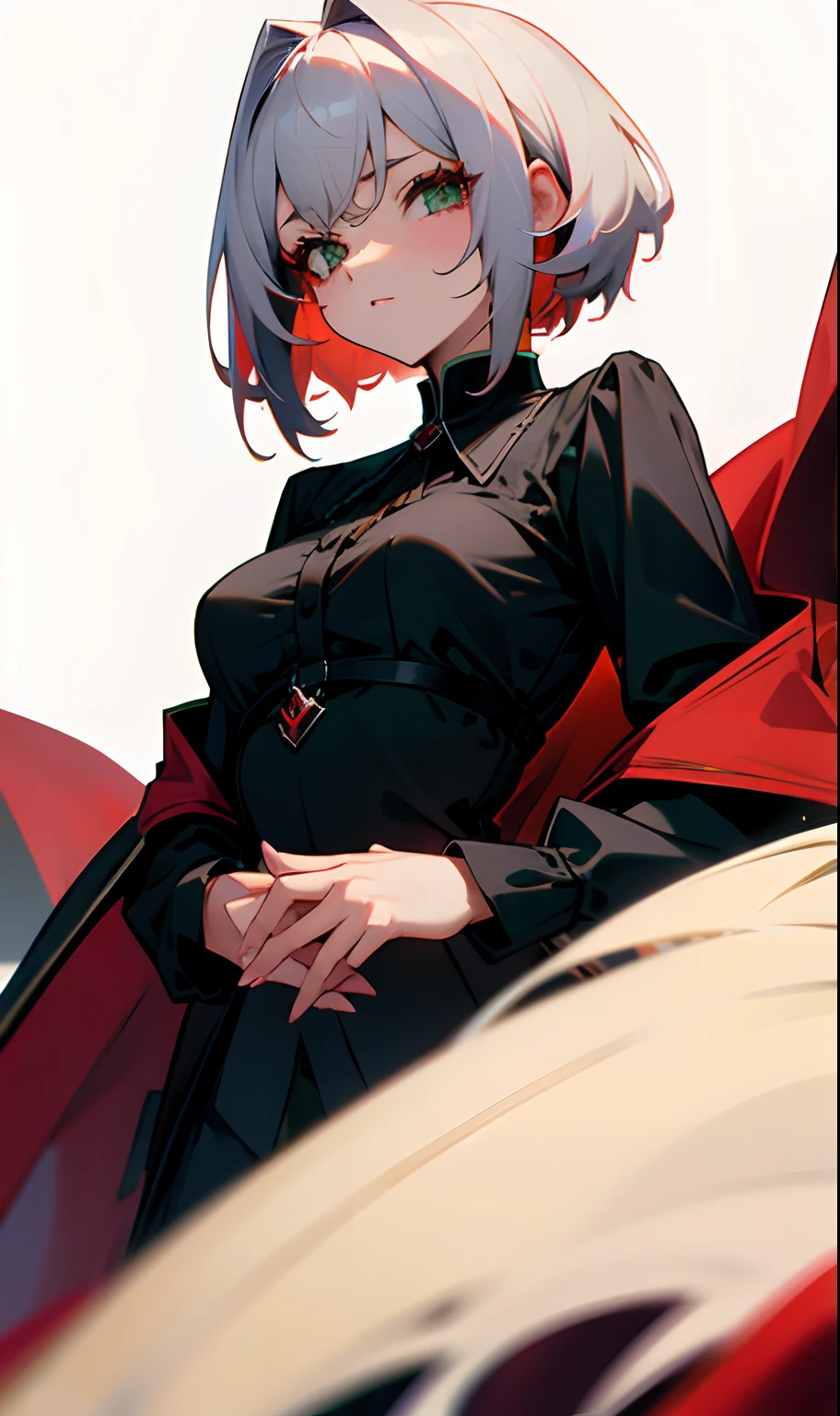 com cabelo verde curto, medium breasts wearing a black blouse and a red overcoat over green eyes