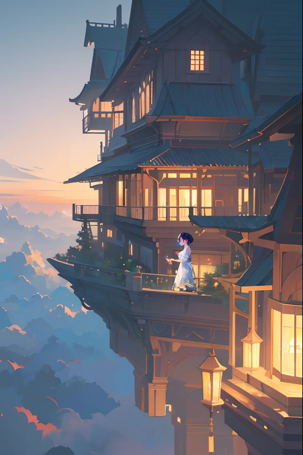 Depicting a  enjoying the view from the sea of clouds、Girl looking out from the garden、Enjoy leaning against the railing