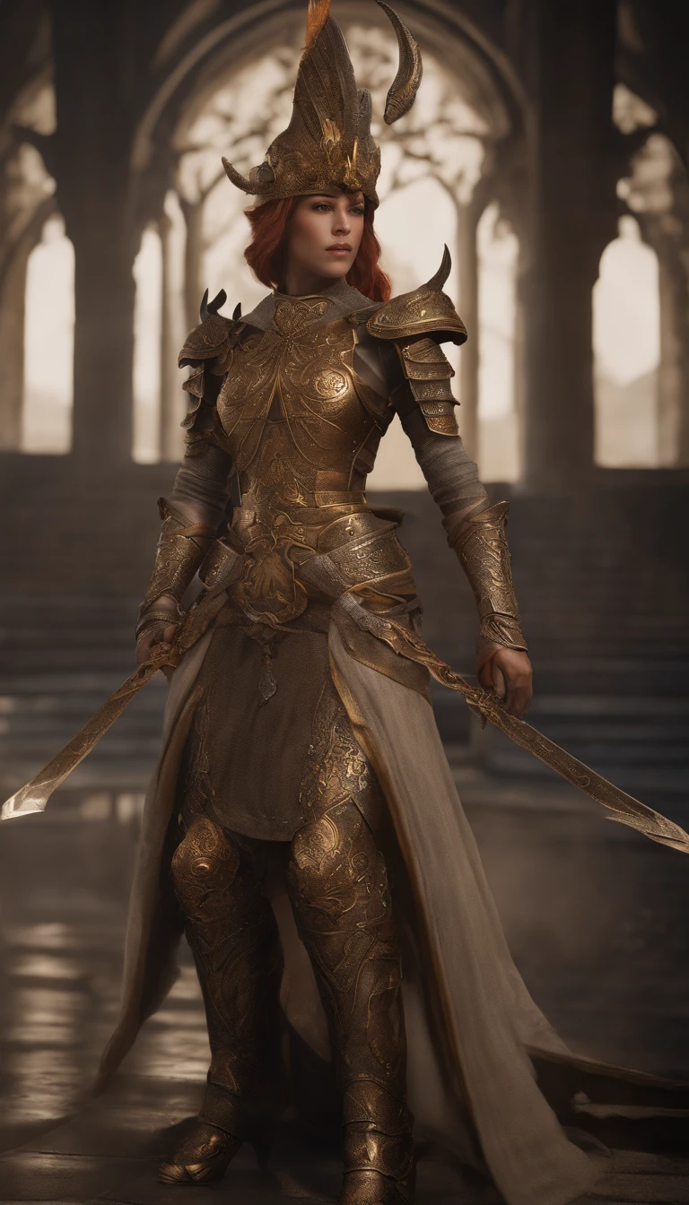 warrior, concept-art, author:Kishiganku, Fantasy art, Zen temple background, clean render, a horned, Wear a set of armor no helmet, Detailed bushido form smoke, she is a beautiful girl, red hair, character is standing, 8k Realistic, in game render, detailed face background detail, Art station front page, taur, Pseudo-medieval fantasy, A deity wearing koi armor, detailed bronze armor, Bronze armor, golden etched armor, gold obsidian armor, Light gold armor, Gorgeous filigree armor, A demonic warrior, Gorgeous armor, Intricate assasin armor, Intricate metal armor, powerful warrior, Dressed in gorgeous golden armor,Decorated with intricate patterns, Everything is in the dark, The smoky background alludes to battle scenes, Add an ominous aura to his character,Huge demon wings of demons,submission, Full body shot.