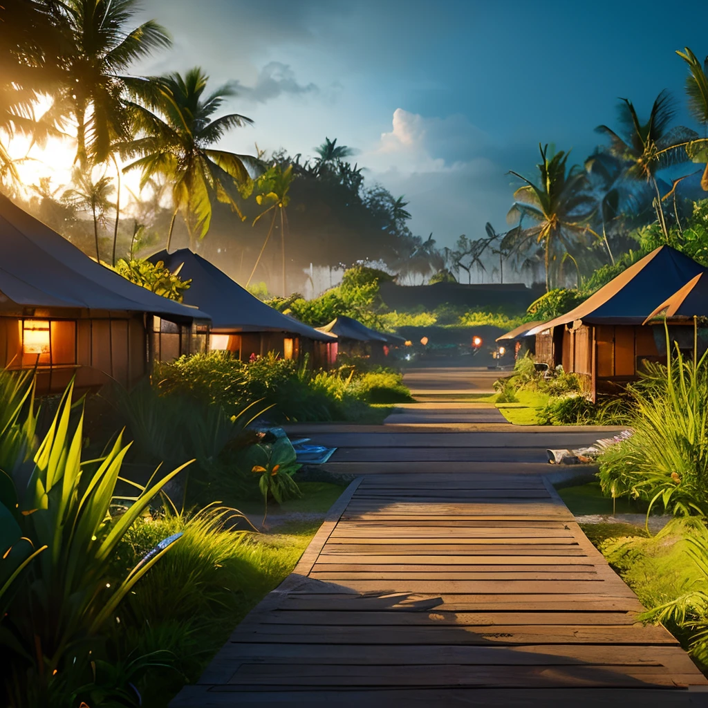 Welcome area view Glamping camping ground hosted in shipping containers in the lush paradise of Bali rice field with near water features and plants everywhere, extreme plus resolution fantasy concept art, intricate details to everything visible, sharp lighting, dramatic light by denis villeneuve, strong emphasis on alphonse mucha, makoto shinkai