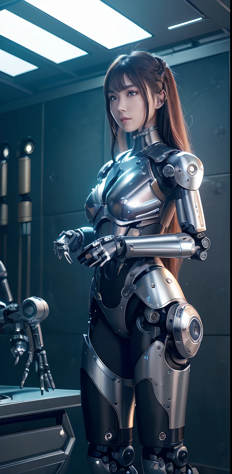 top-quality、masterpiece、超A high resolution、(Photorealsitic:1.4)、((a beauty girl:1.6)), 1 full-body cyborg girl、sixteen years old、NOhumans、Head of the machine、Mechanized face、((The skin part is only the face)), Luminous Eyes、Missing arms、Futuristic spaceship and glowing background、Lightweight body、Black iron color、((Lots of split metal chest protectors)), Metal Robot、((The whole body is the body of a combat robot))、((Body parts are robot parts:1.8))、((The internal mechanisms of the chest are exposed)), ((Mechanical chest armor with LED indicators and meters)), Robot arms and legs、((Exposed metal skeleton of the abdomen))、Metal skeleton of the cervical region、Under repair、destroyed body、Metal Mechanical Bra、Full Body Metal Skin、Metal bodysuit、Metal scales covering the whole body、body made of metal、Whole body metal、a beauty girl、prosthetic hand、artificial leg、Full body cyborg、Exposed metal skeleton、Asian Beauty、cyberpunked、steampunc、Inside the futuristic space battleship、laboratory、Complex 3d rendering beautiful porcelain profile ultra detailed female type android face、dark brown hair、glowy skin、((super realistic details))、portlate、globalillumination、Shadow、octan render、metals、Details of complex ornaments、Japan details、highly intricate detail、Realistic light、CGSoation Trends、a purple eye、radiant eyes、Facing the camera、neon details、Mechanical limbs、blood vessels connected to tubes、Mechanical vertebrae attached to the back、mechanical cervical attaching to neck、sitting on、Wires and cables connecting to the head、Gundam、Small LED lamp、masterpiece、 Metal Robot、body made of metal、Whole body metal、prosthetic hand、artificial leg、Full body cyborg、Exposed metal skeleton、Asian Beauty、cyberpunked、steampunc、Futuristic cities、laboratory、Complex 3d rendering beautiful porcelain profile super detailed female android face、cyborgs、roboticparts、150mm、beautiful studio soft light、Rim Lights、vibrant detail、luxuriouscyberpunk、Ren Hao、surrealistic、Anatomical、face muscles、cable electric wire