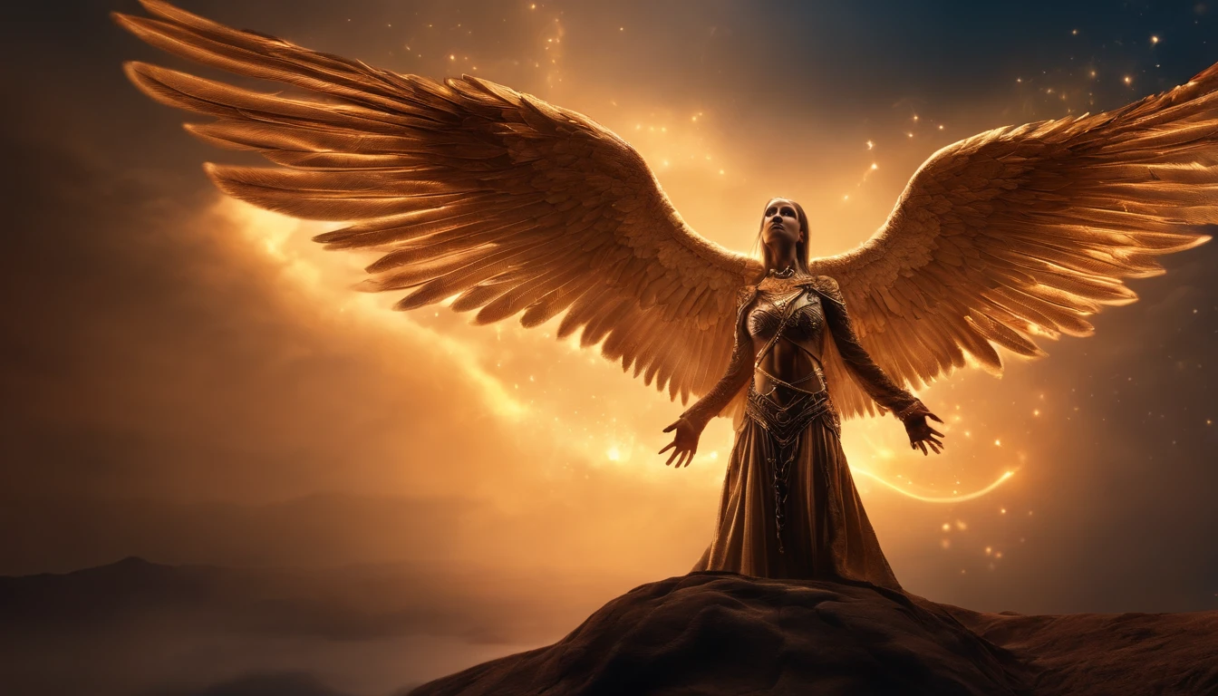 Cosmic Fallen Angel Chained, olhos claros brilhantes, Biomechanicals, estranho, assustador, Pesadelo, cores muito brilhantes, light particles, com luz brilhante, Mshiv, Arte do papel de parede, Papel de parede UHD