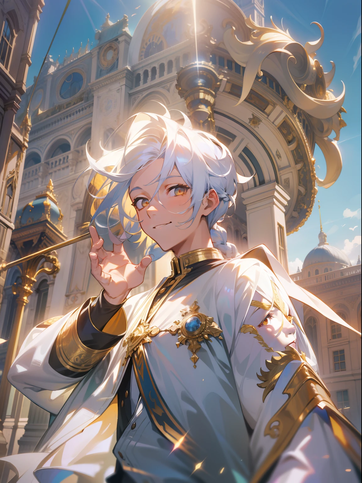 The sun is shining, Blue skies, City, The spacious streets are lined with shops, A young man was looking around, His face was full of smile, white hair with braid, golden eyes rococo style, cinematic lighting, highres