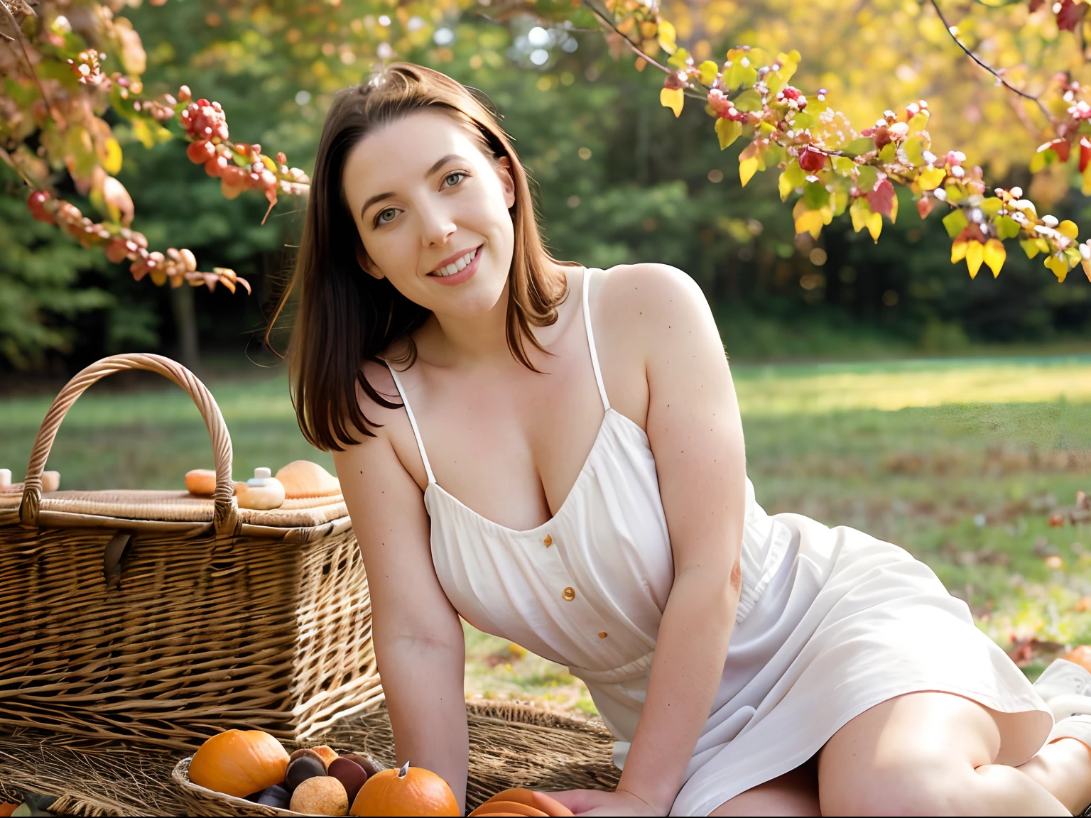 hyper-realistic photo of Angela White, 28 years old (wearing a short, loose white dress) (silky hair, loose hair) (friendly smile) (skin texture), picnic, picnic basket, bottle, nature, outdoors, trees, grass, bushes, sunny autumn day, autumn colors, analog quality, best shadow, film grain, soft shadows, high contrast, raw, instagram lut