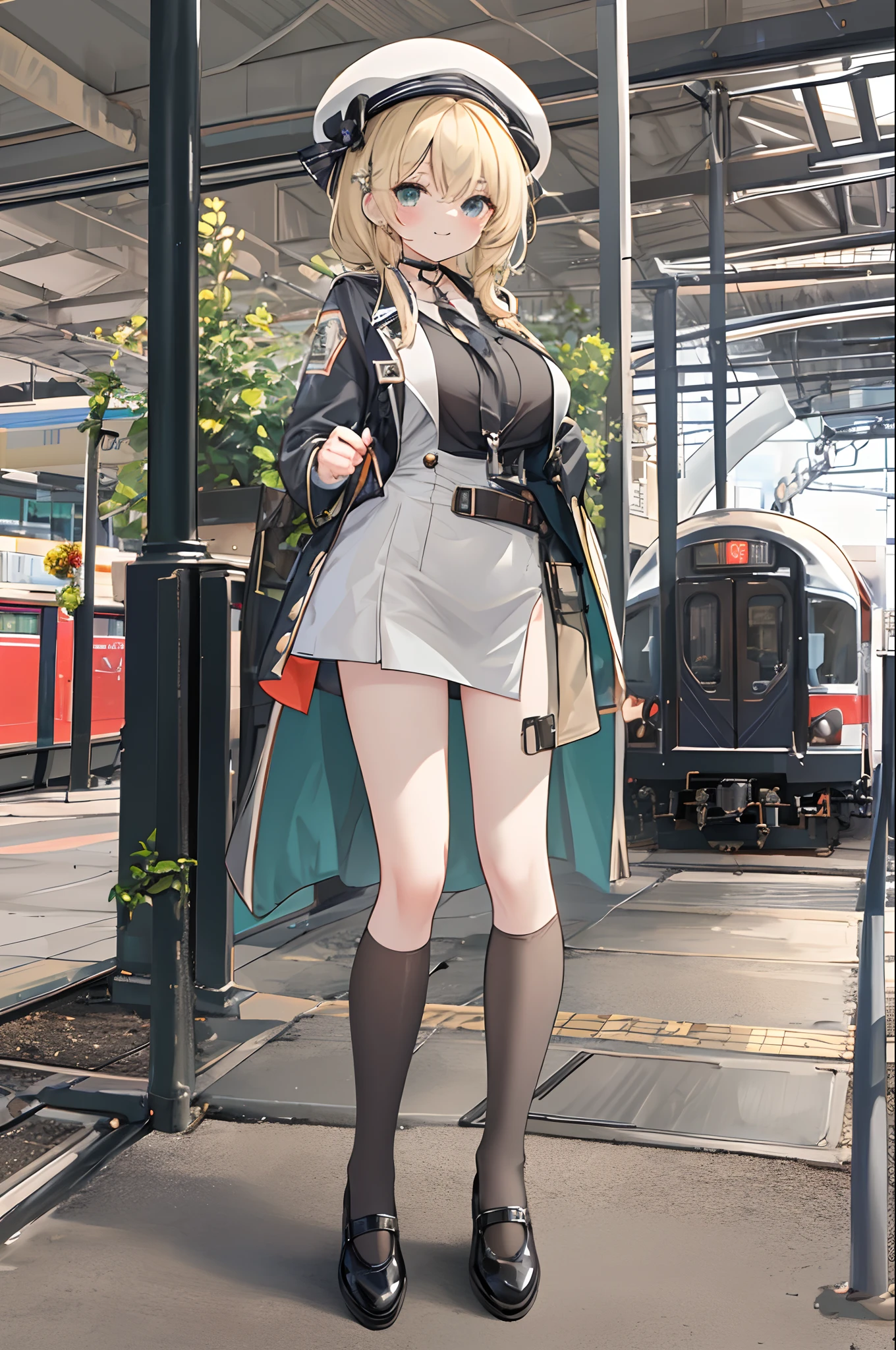 Chains，耳Nipple Ring，choker necklace，Forehead，middle parted hairstyle，femele，Train station，Steam trains，a beauty girl，Long light blonde hair，green pupills，Business suit，white business suit，in suit，White color blouse，wind coat，Cowboy hat，Flower arrangement on a hat，The streets of London，Black leather shoes，tiese，wind coat，ssmile，(huge tit)