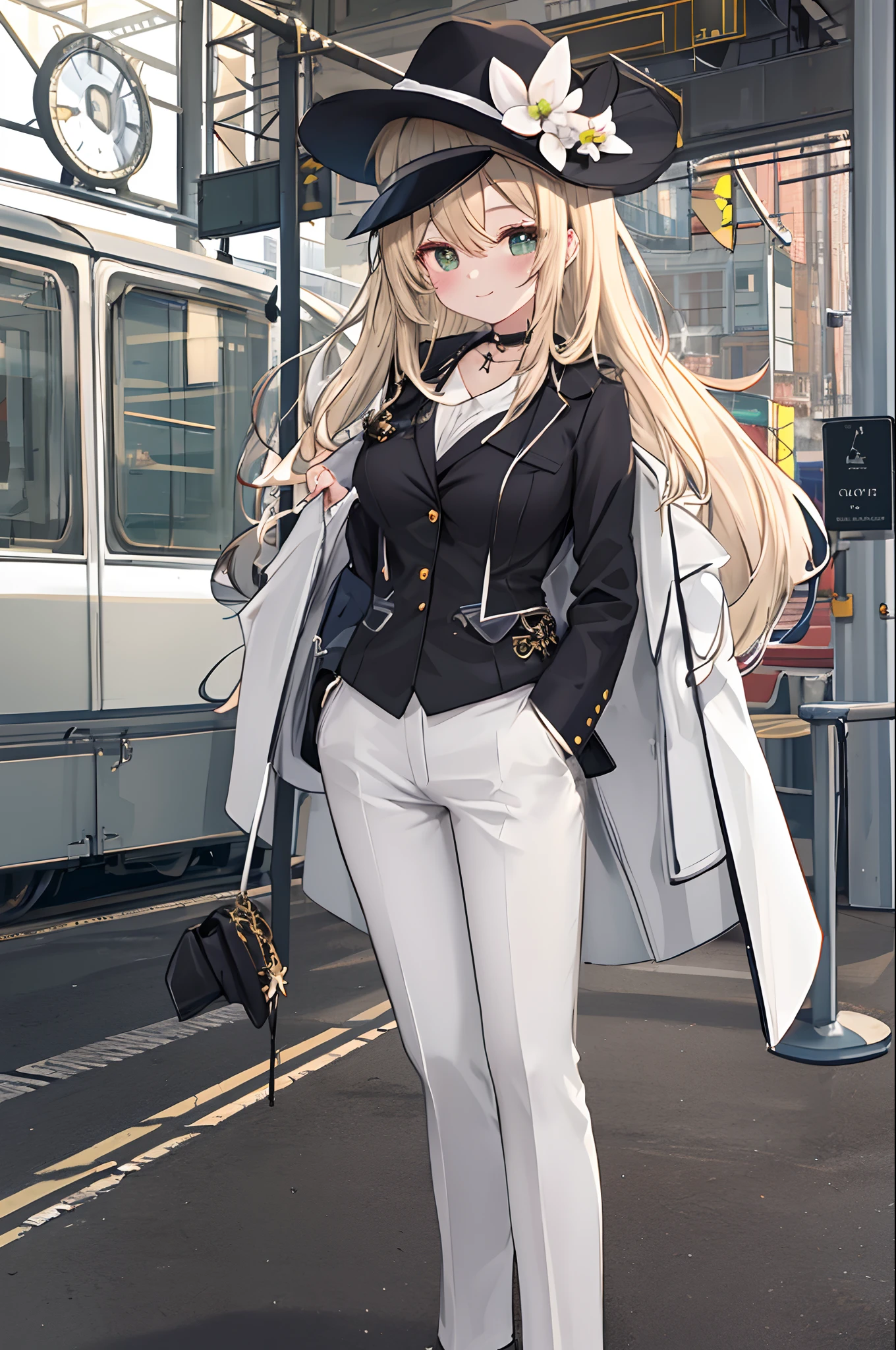 Chains，耳Nipple Ring，choker necklace，Forehead，middle parted hairstyle，femele，Train station，Steam trains，a beauty girl，Long light blonde hair，green pupills，Business suit，white business suit，in suit，White color blouse，wind coat，Cowboy hat，Flower arrangement on a hat，The streets of London，Black leather shoes，tiese，wind coat，ssmile，(huge tit)