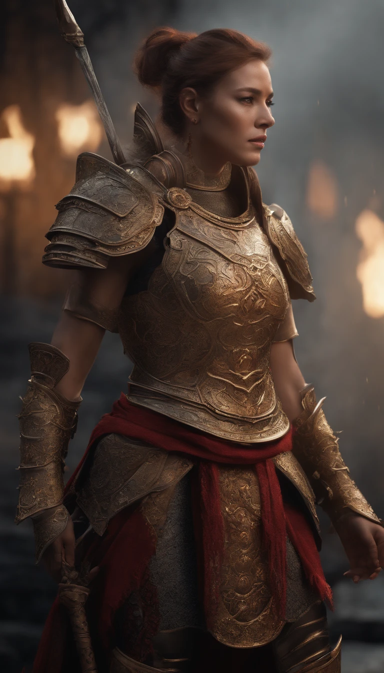 warrior, concept-art, Fantasy art, Zen temple background, clean render, a horned, Wear a set of armor, Detailed bushido form smoke, she is a beautiful girl, red hair, character is standing, 8k Realistic, in game render, detailed face background detail, Art station front page, taur, Pseudo-medieval fantasy, A deity wearing koi armor, detailed bronze armor, Bronze armor, golden etched armor, gold obsidian armor, Light gold armor, Gorgeous filigree armor, A demonic warrior, Gorgeous armor, Intricate assasin armor, Intricate metal armor, powerful warrior, Dressed in gorgeous golden armor,Decorated with intricate patterns, Everything is in the dark, The smoky background alludes to battle scenes, Add an ominous aura to his character,Huge demon wings of demons,submission, Full body shot.