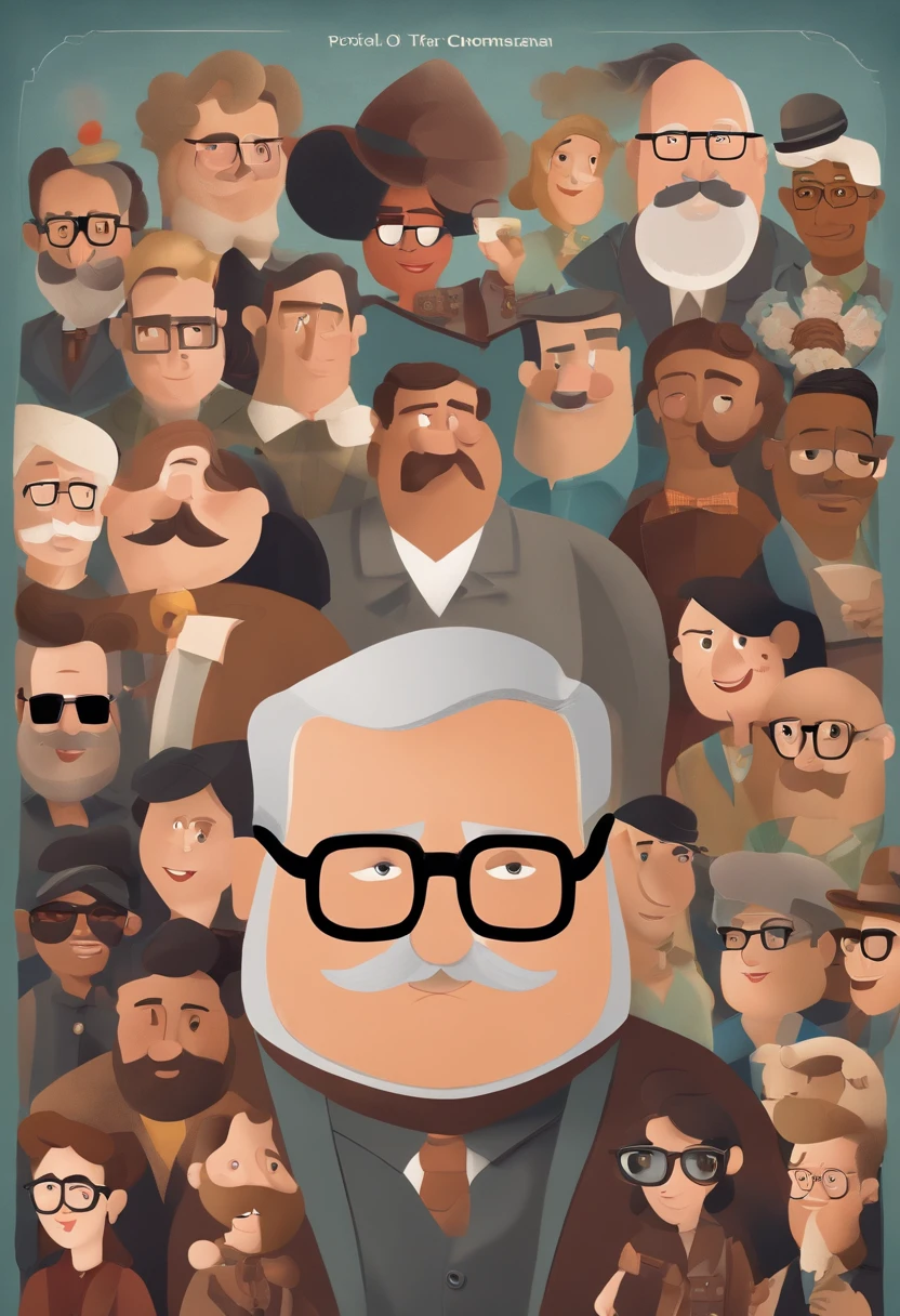 a pixar poster, with the text "PORTRAITS OF WAGNER", a handsome, chubby guy with gray hair, a goatee and stylish glasses, dressed in a leather vest, holding a reflex camera, surrounded by happy and seductive people, multiracial, gay, trans and polaroids in their ands