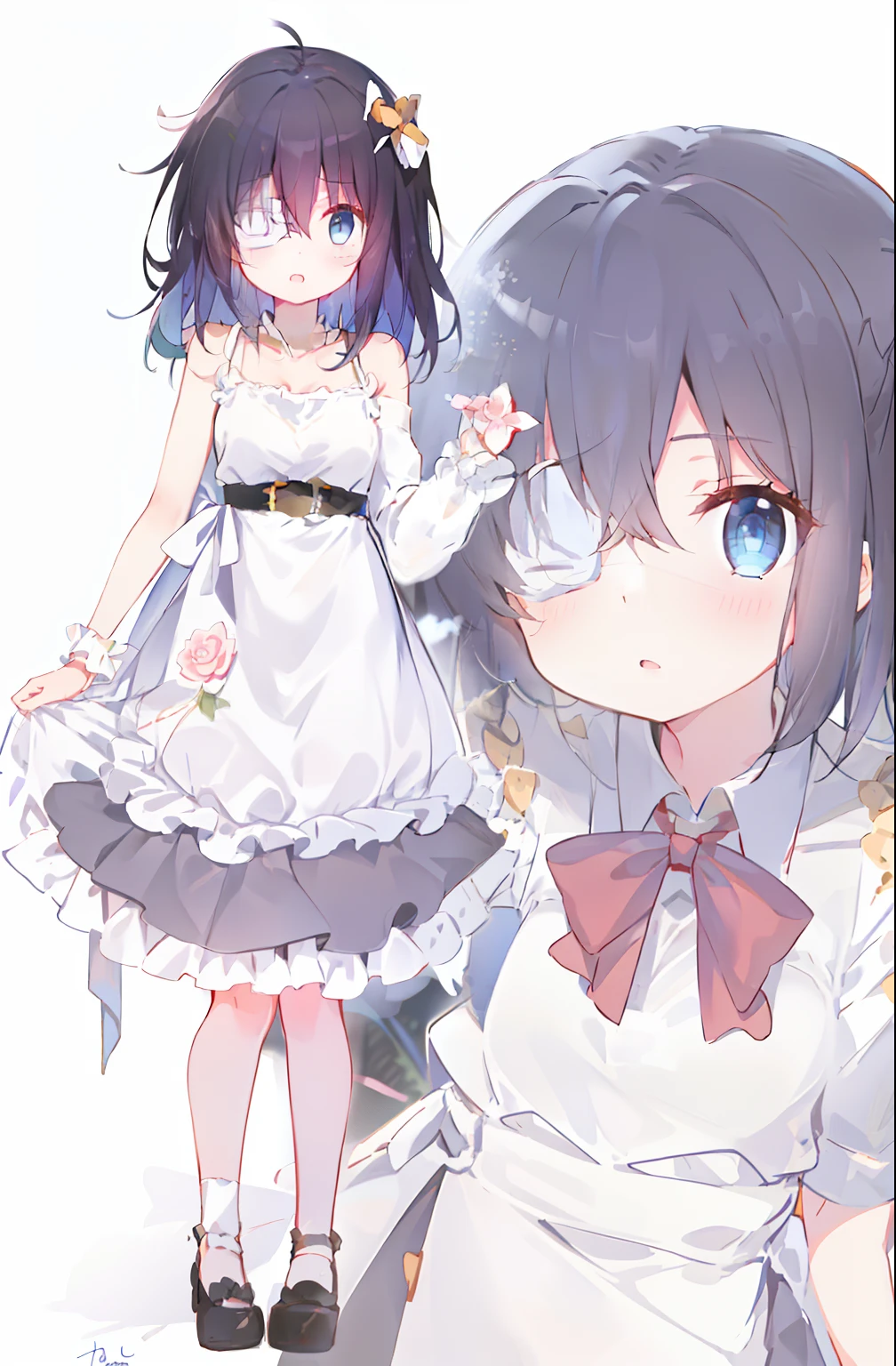 high res, masterpiece,Rikka Takanashi, black hair, solo, 1girl,outside,deatailed background, detailed eyes, ((blue eyes)), eyepatch