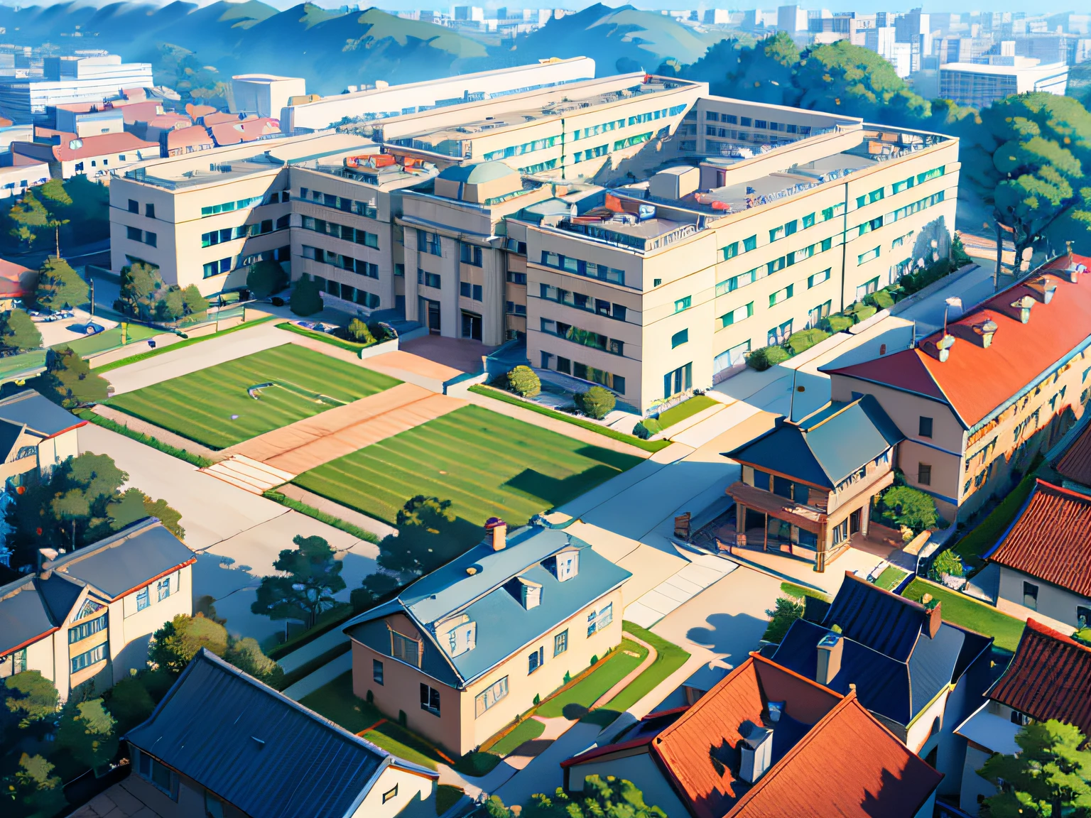Aerial view of the school building with a football field in the middle, full building, private school, top - view, Japan High School, old school, photo taken from above, school courtyard, schools, American schools, aerial view from above, viewed from bird's-eye, school, ariel view, view from high, [ down view ]!!, aerial shot