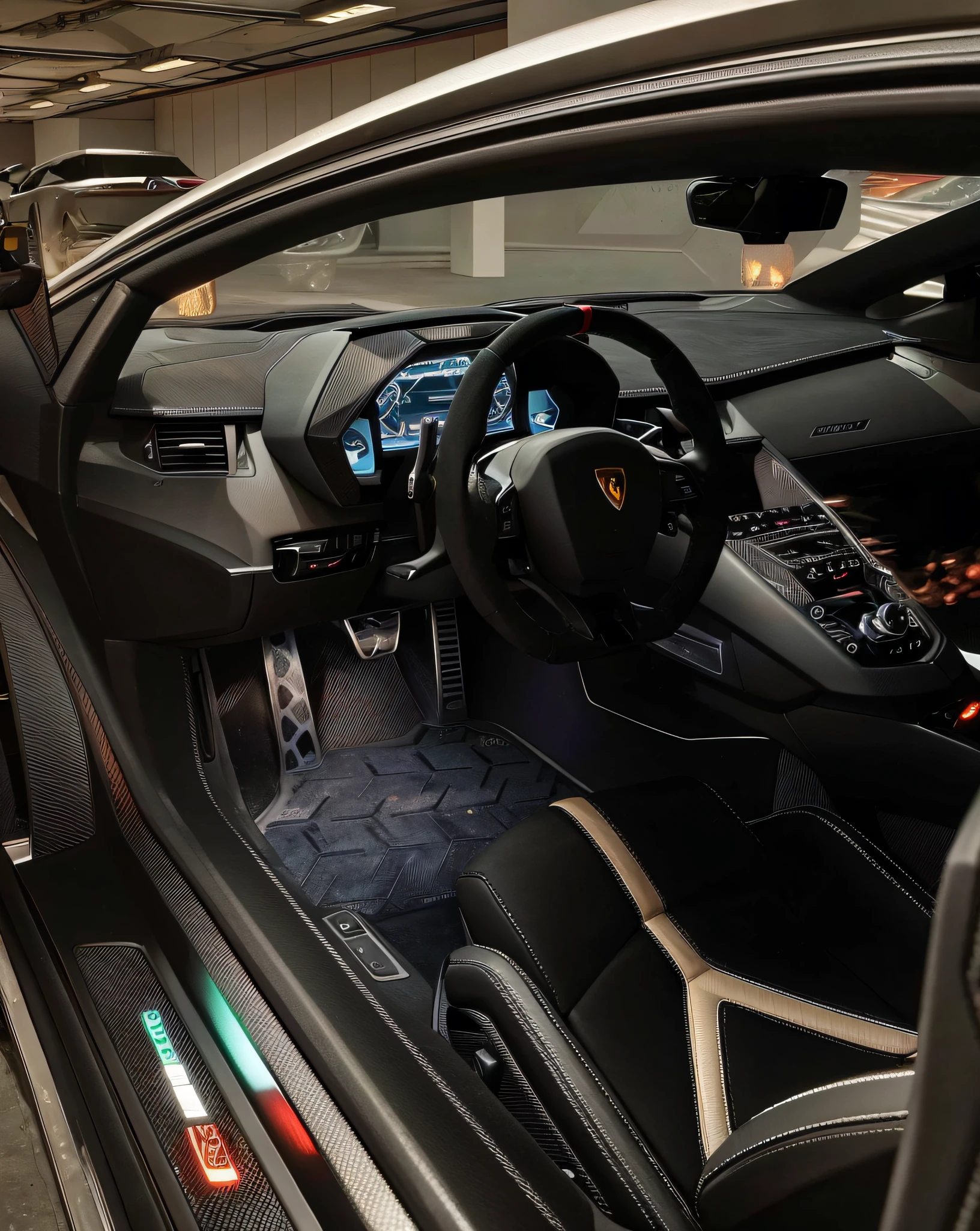 Lamborghini view of the car with dashboard and steering wheel, inside car, detailed ambient lighting, glowing interior components, gurney with ambient lighting, high end interior, mysterious ambient lighting, luminous cockpit, Very inviting ambient light, ambient lighting from top, the console is tall and imposing, full view of a car, Inside the future fighter, stunning 8 k, 8k in the style,