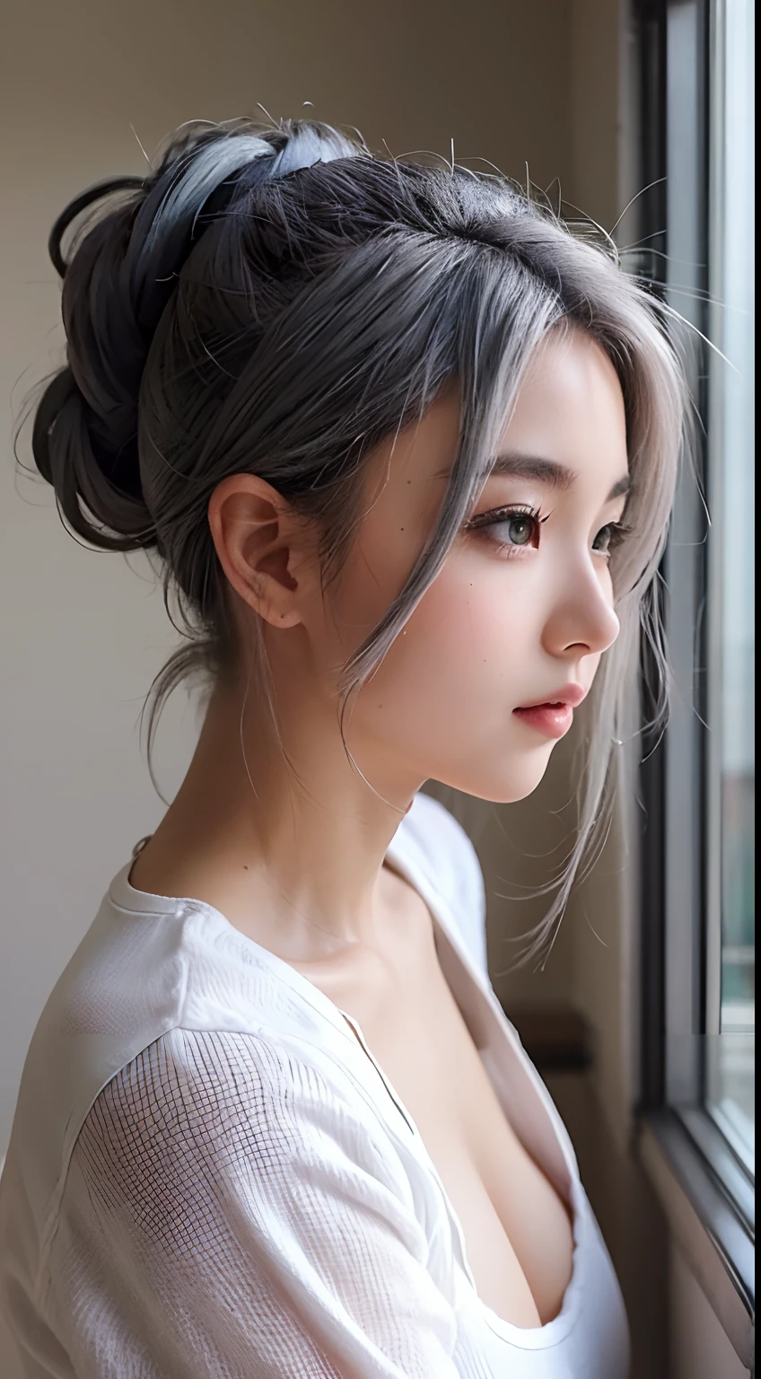 A sexy beautiful student girl,, big breasts, grey hair colours, long hair tied up, sexy pose, side view