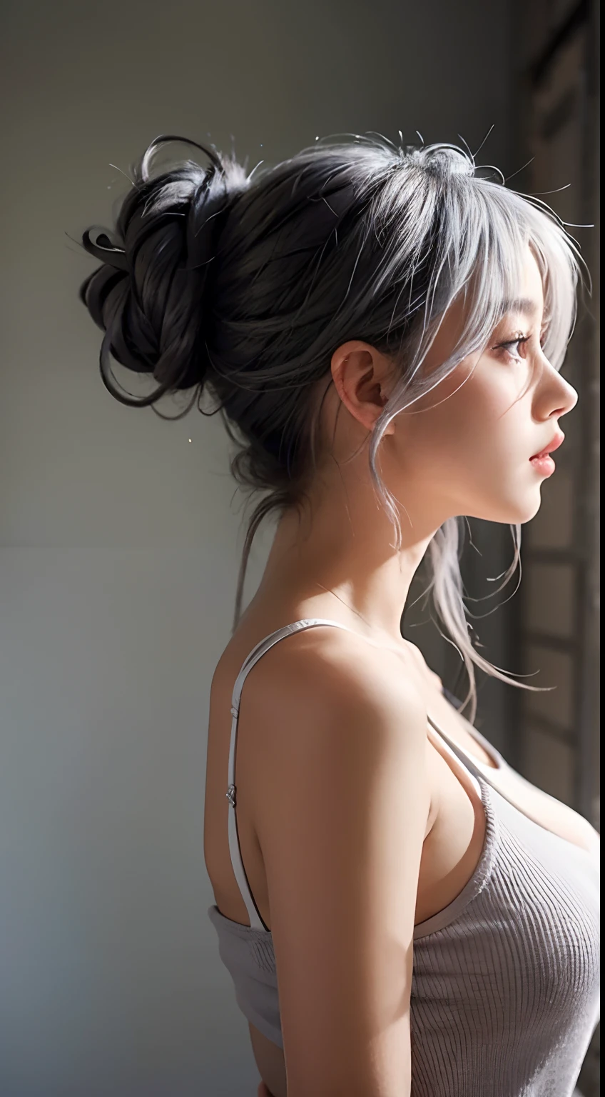 A sexy beautiful student girl,, big breasts, grey hair colours, long hair tied up, sexy pose, side view