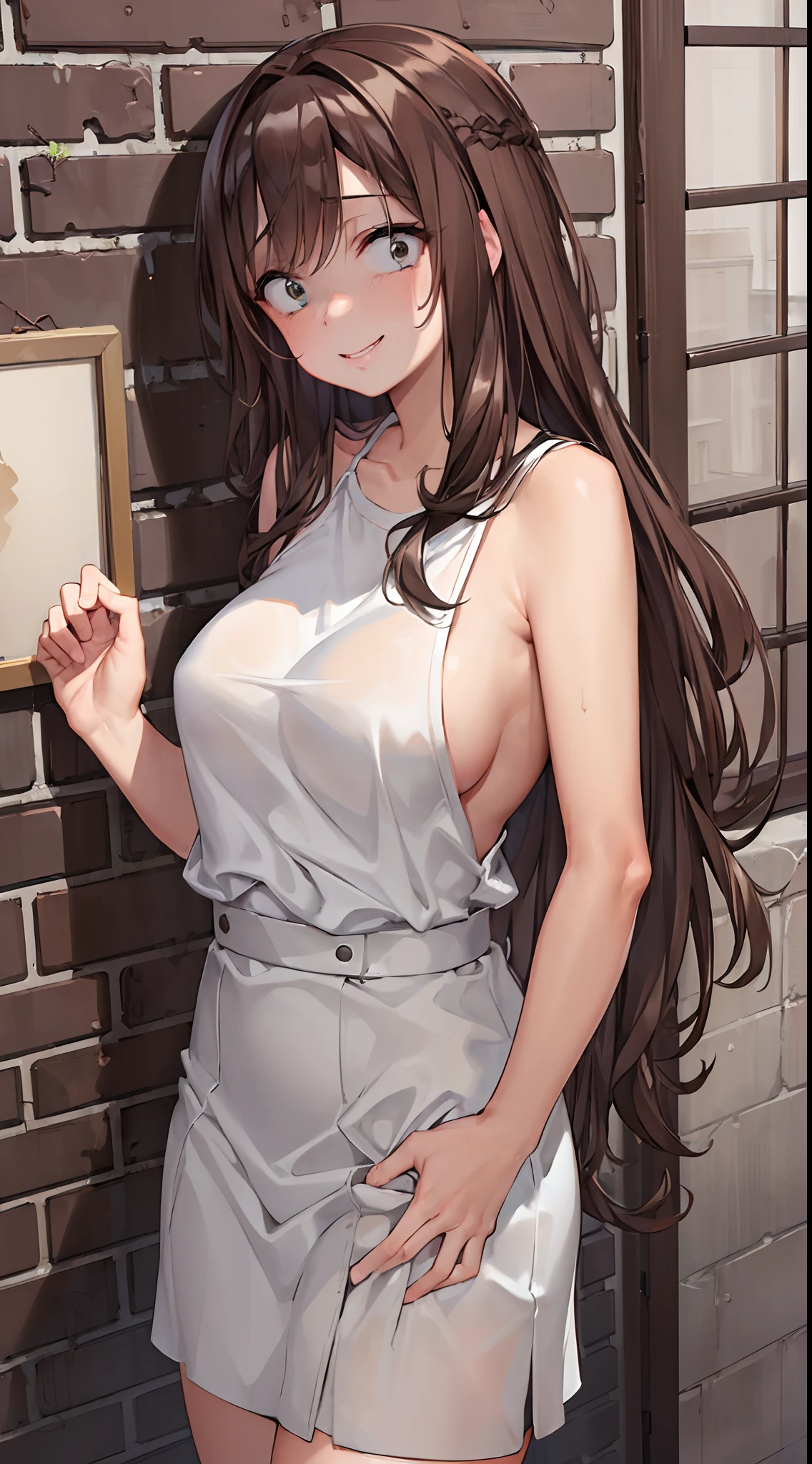 (masterpiece:1.5), (best quality:1.2),(famous artist:1.2),(official art:0.5),(Top quality:1.2),(high resolution:1.2),1girl,solo,clothes reflecting light,20 years old,oppai, BREAK,(brown hair:1.6),half naked ,smile,long hair, Dungeon, fear, fear, terror, despair,trars,