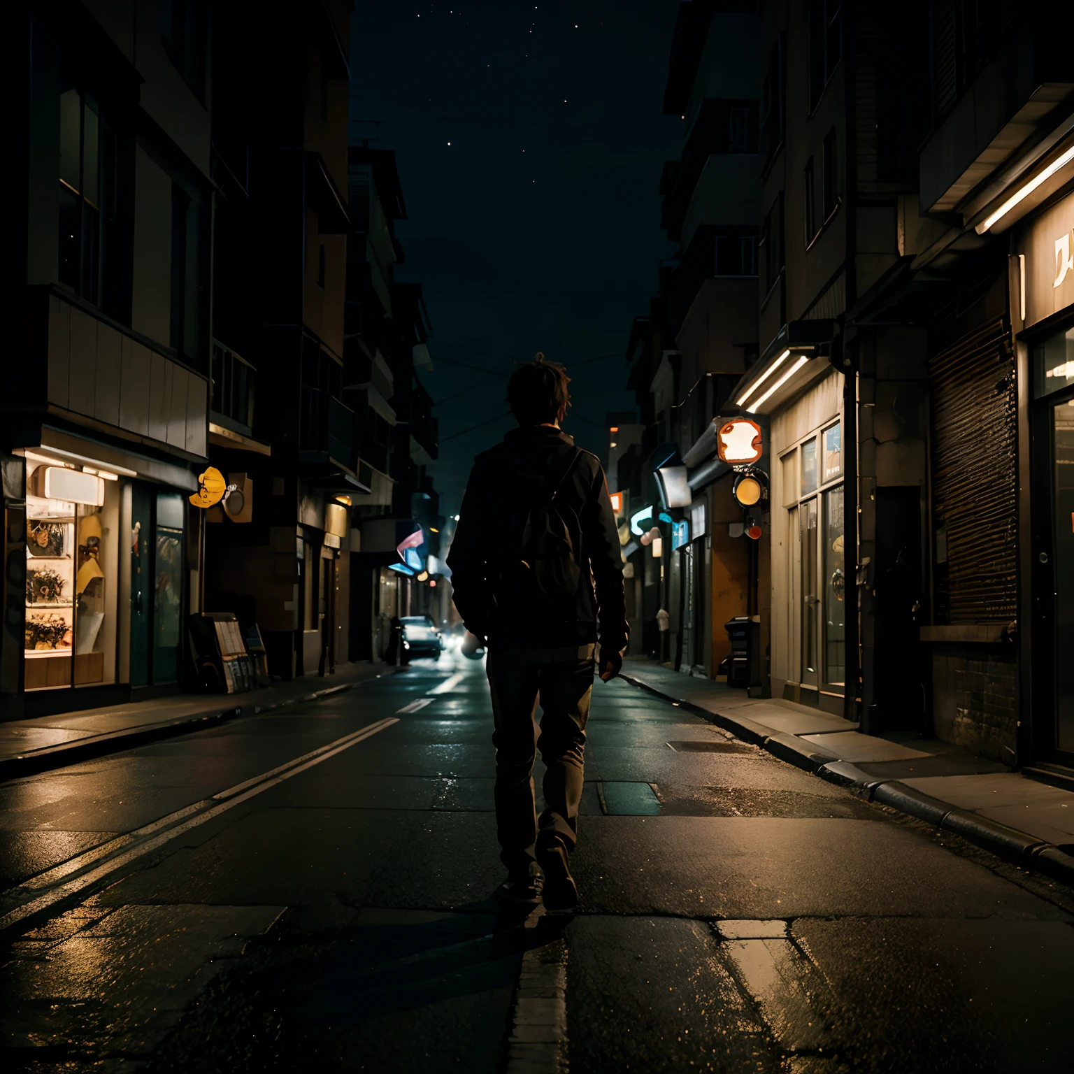 A guy walking down a road of a city at night from a back camera view in a anime art style