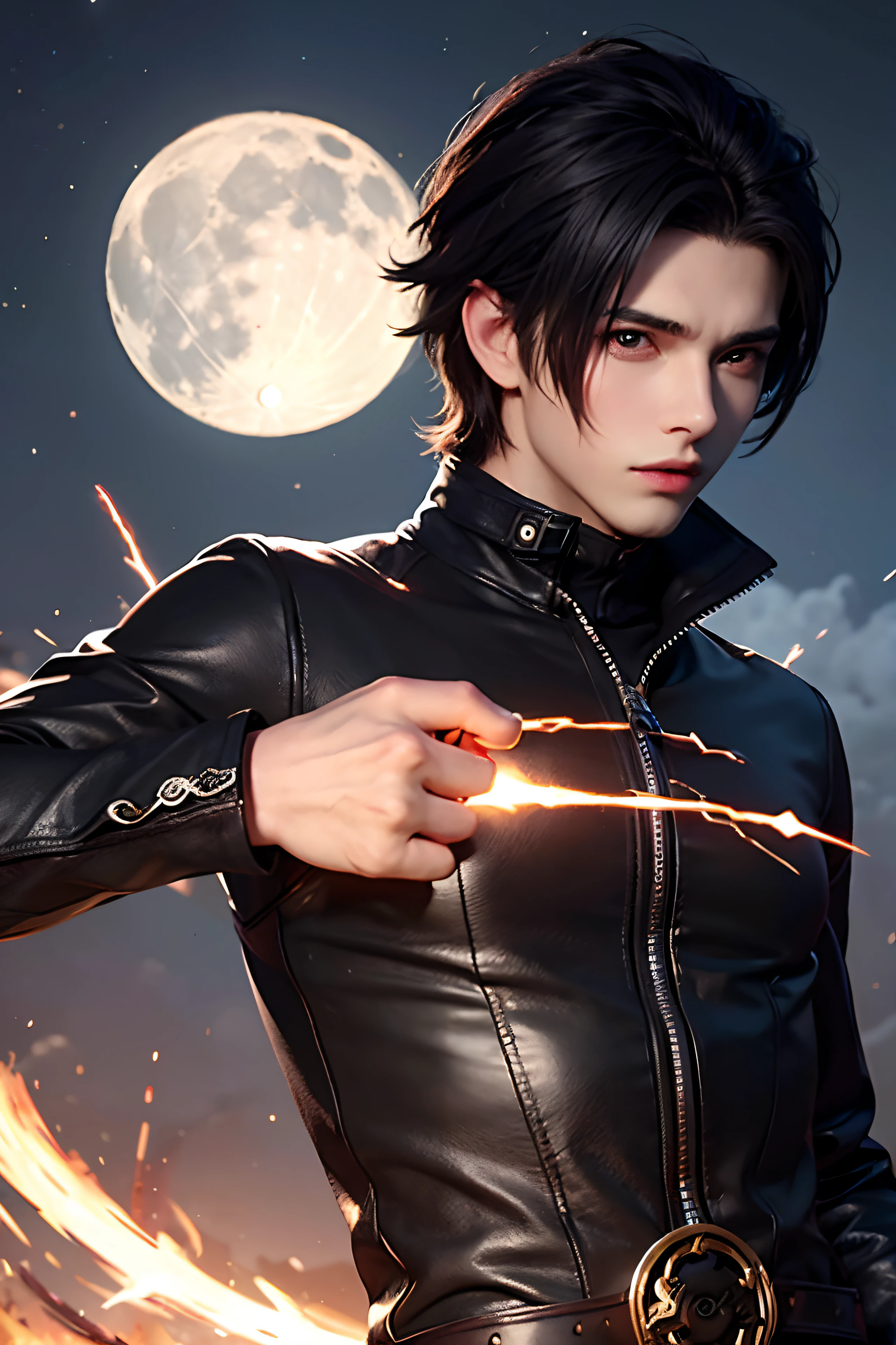 (((1 young man 21 years old))), anime character with short hair, small ponytail at neck, black hair, deserted background, ((large moon)), handsome man in demon slayer art, epic fantasy art style, badass anime 8k, epic fantasy digital art style, detailed digital anime art, human male demon, portrait of hades, epic fantasy art style hd, fierce expression 4k, perfect eyes, perfect skin, demon male, extremely detailed artgerm, wearing black leather jacket, black turtleneck shirt, black leather long pants, metal chain at waist, electrical sparks