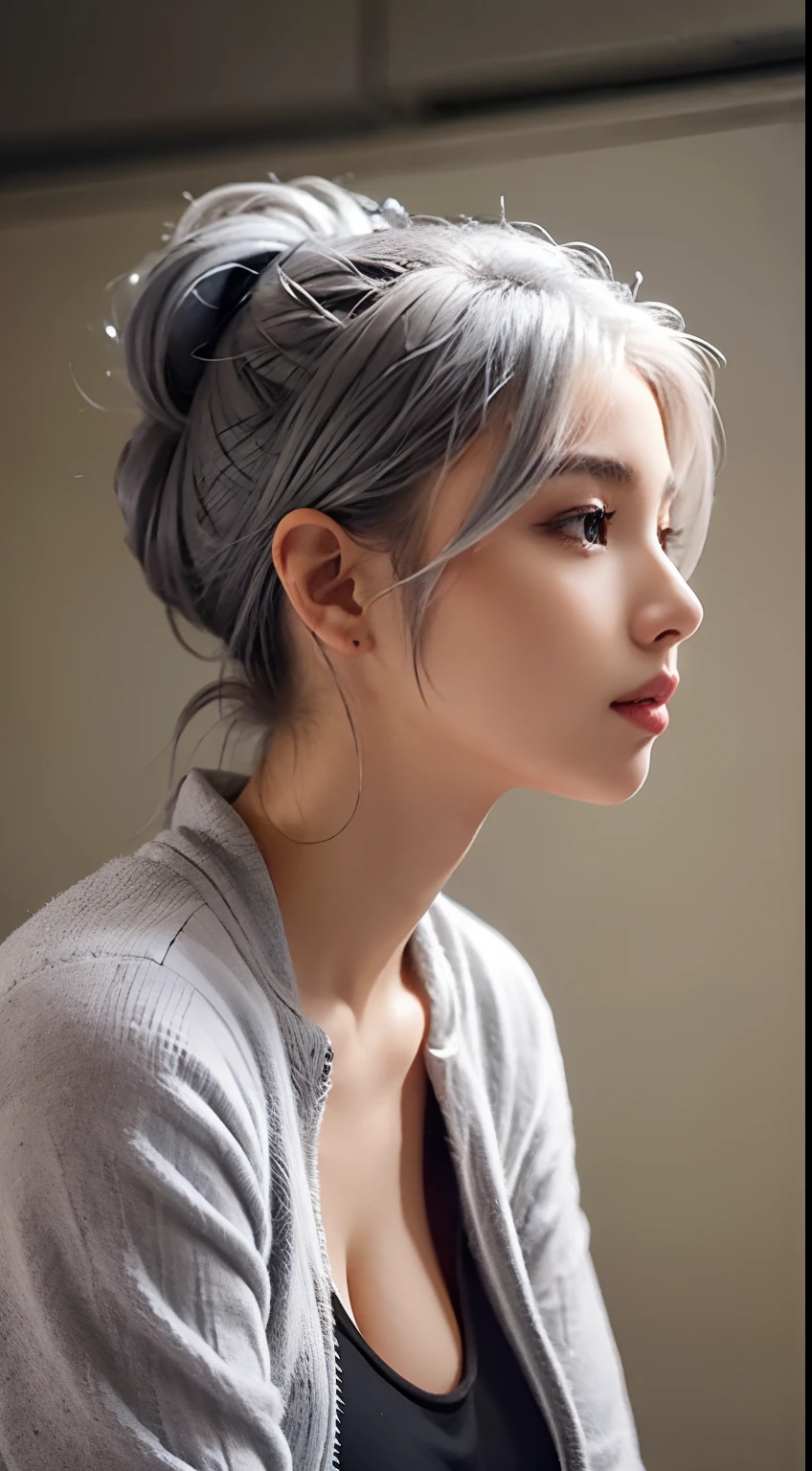 A sexy beautiful student girl,, big breasts, grey hair colours, long hair tied up, sexy pose, side view