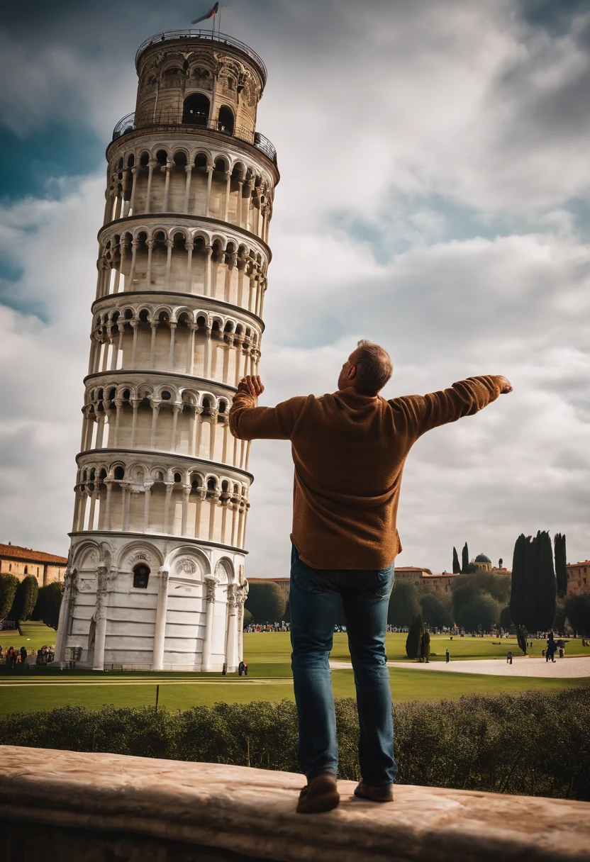 A strong man holding the tower of Pisa by n
Don't fall, o homem tem de estar intervindo com a torre, like I'm keeping her upright so she doesn't tip over
