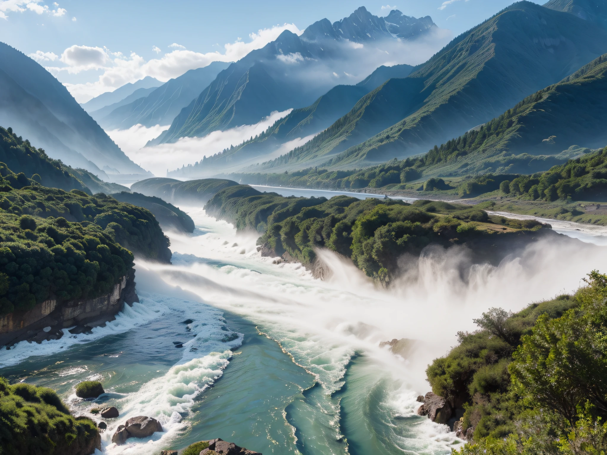 (best quality,1.2),high resolution, vibrant, majestic panoramic view of towering mountains, mist-shrouded magnificent mountains, roaring river with turbulent waves, meandering river, awe-inspiring natural scenery
