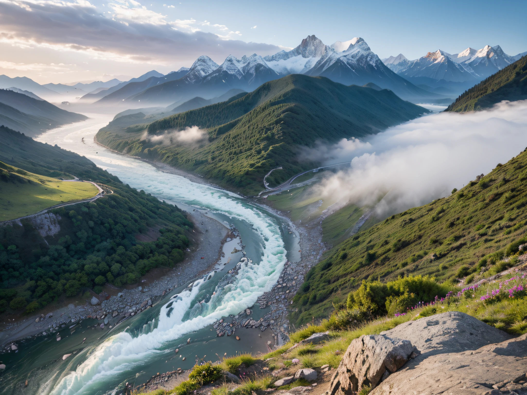 (best quality,high quality:1.2),high-resolution, colorful, panoramic view of towering mountains, majestic range of mountains covered in mist, a roaring river with turbulent waves, a meandering river, breathtaking natural scenery