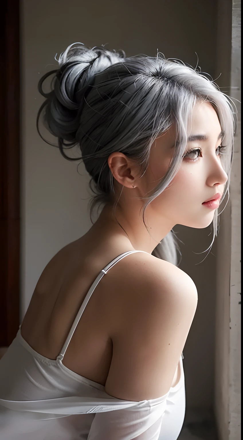 A sexy beautiful student girl,, big breasts, grey hair colours, long hair tied up, sexy pose, side view