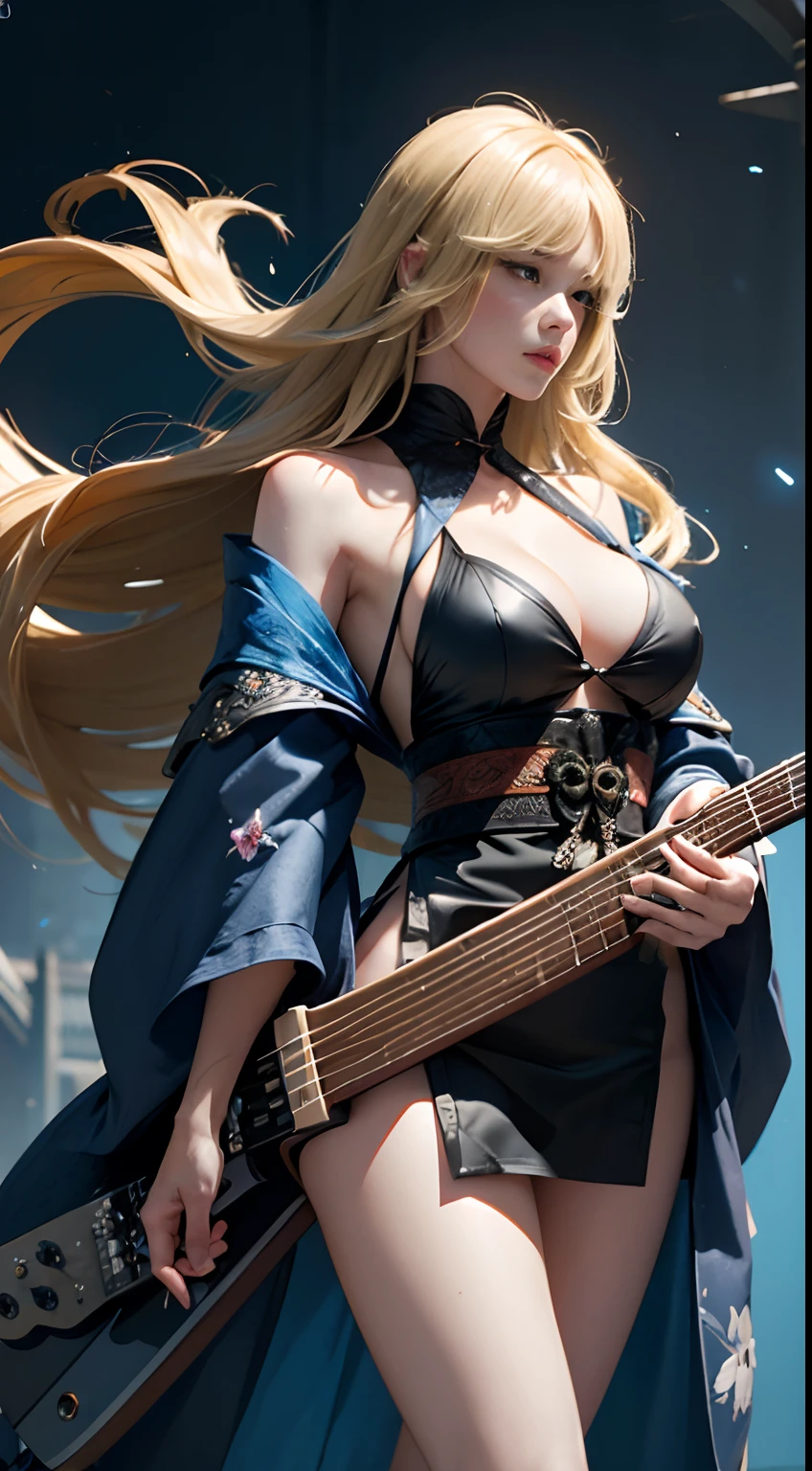 Arthur Rackham, James Jean, Surreal, mysterious, strange, fantastical, fantasy, Sci-fi, Japanese anime, paper zoo, miniskirt kimono, beautiful girl playing electric guitar, blonde, perfect voluminous body, big tits cleavage, legs spread wide standing, hyper detailed masterpiece high resolution definition quality, depth of field cinematic lighting