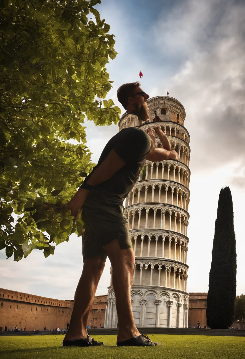 A strong man holding the tower of Pisa by n
Don't fall, o homem tem de estar intervindo com a torre, Like I'd keep her upright so she wouldn't topple over, muito bom... Mas agora em formato de desenho animado