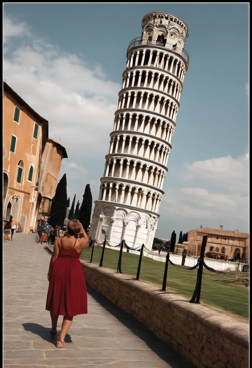 A strong man holding the tower of Pisa by n
Don't fall, o homem tem de estar intervindo com a torre, Like I'd keep her upright so she wouldn't topple over, muito bom... Mas agora em formato de desenho animado